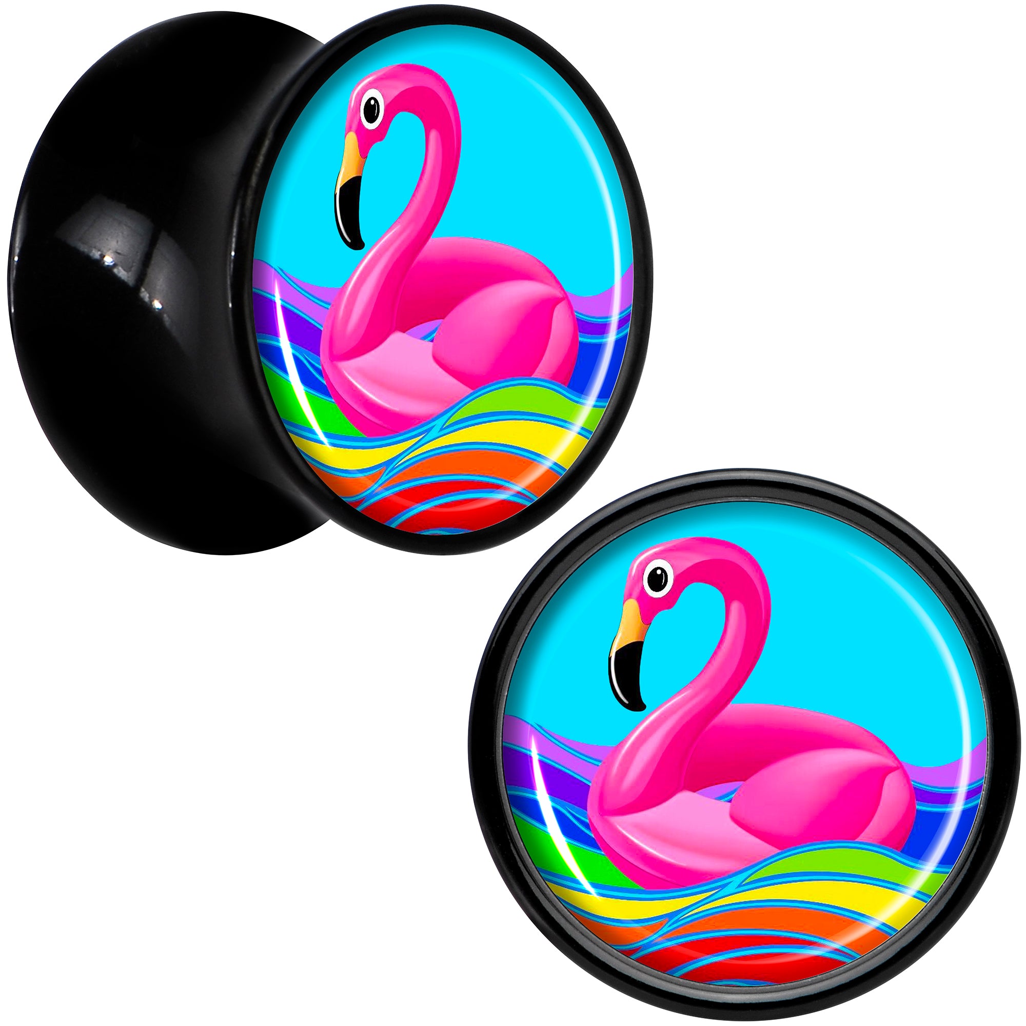 Black Acrylic Rainbow Sea Floating Flamingo Double Flare Plug Set