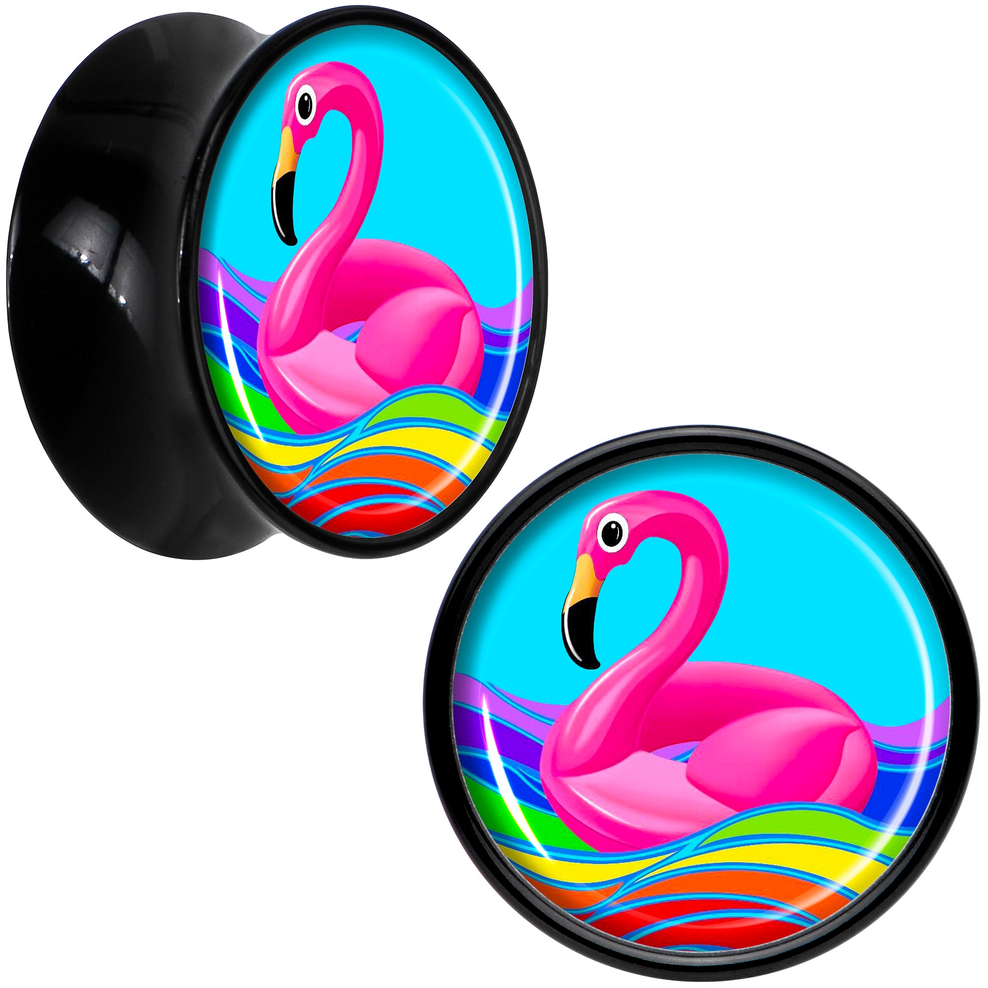 Black Acrylic Rainbow Sea Floating Flamingo Double Flare Plug Set