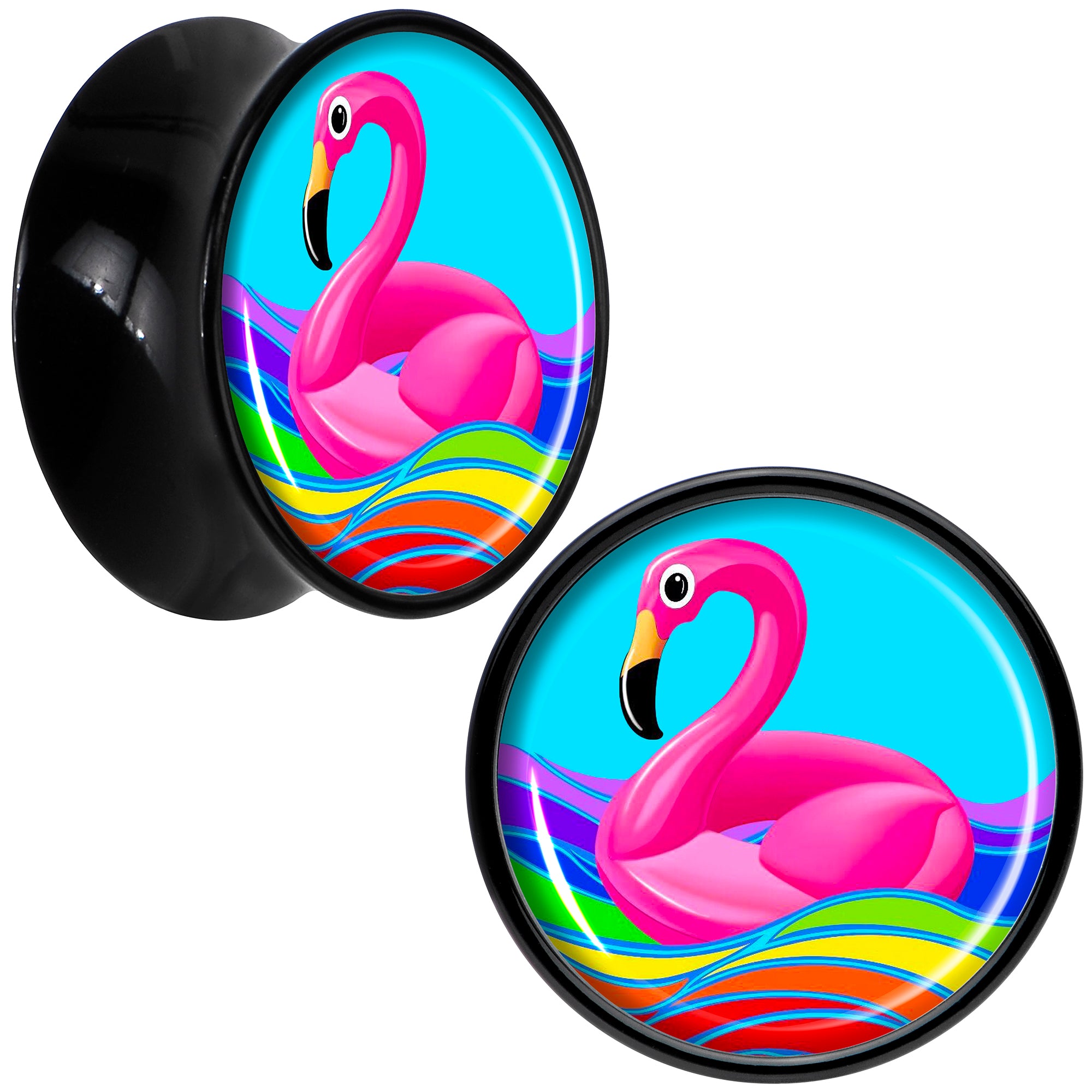 Black Acrylic Rainbow Sea Floating Flamingo Double Flare Plug Set