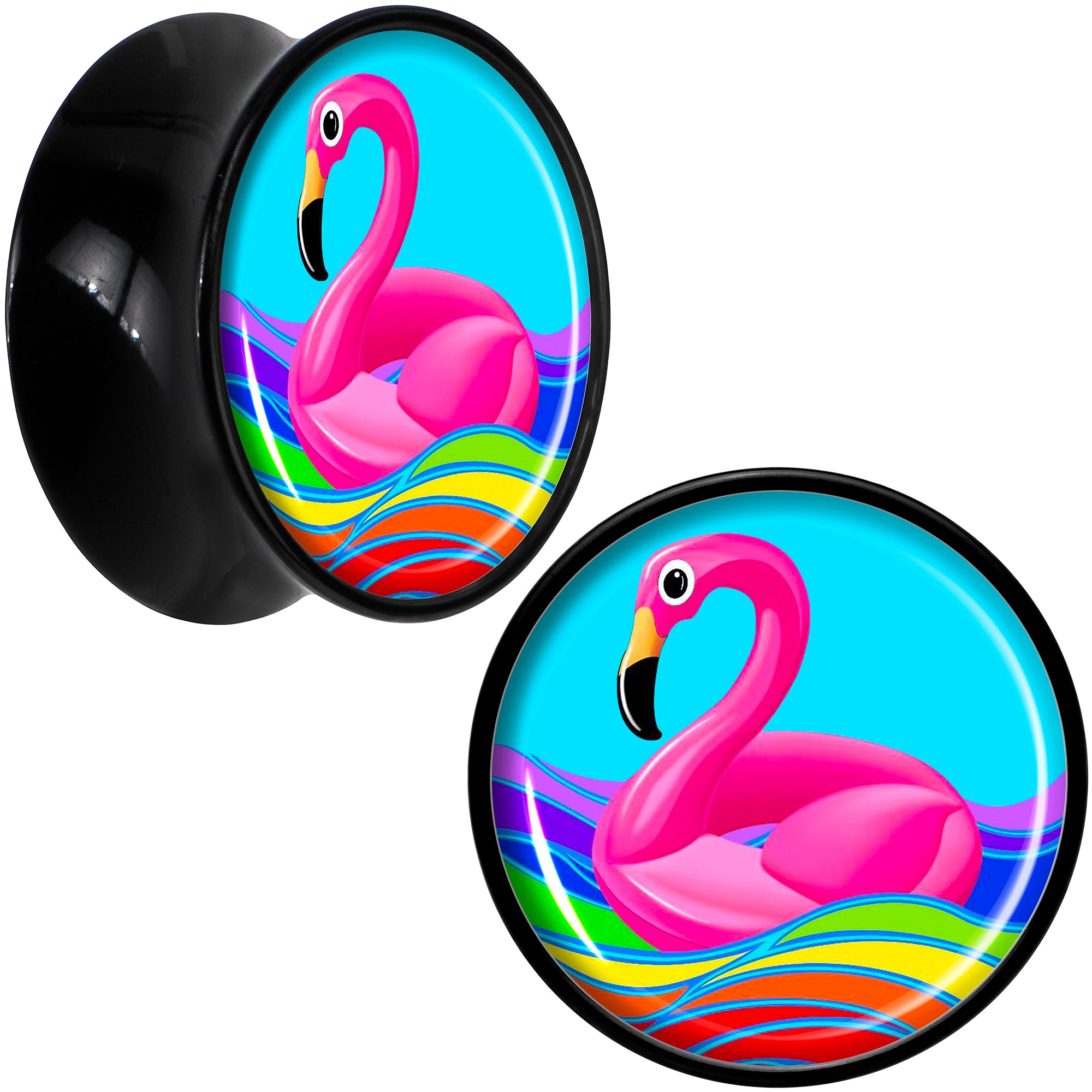 Black Acrylic Rainbow Sea Floating Flamingo Double Flare Plug Set