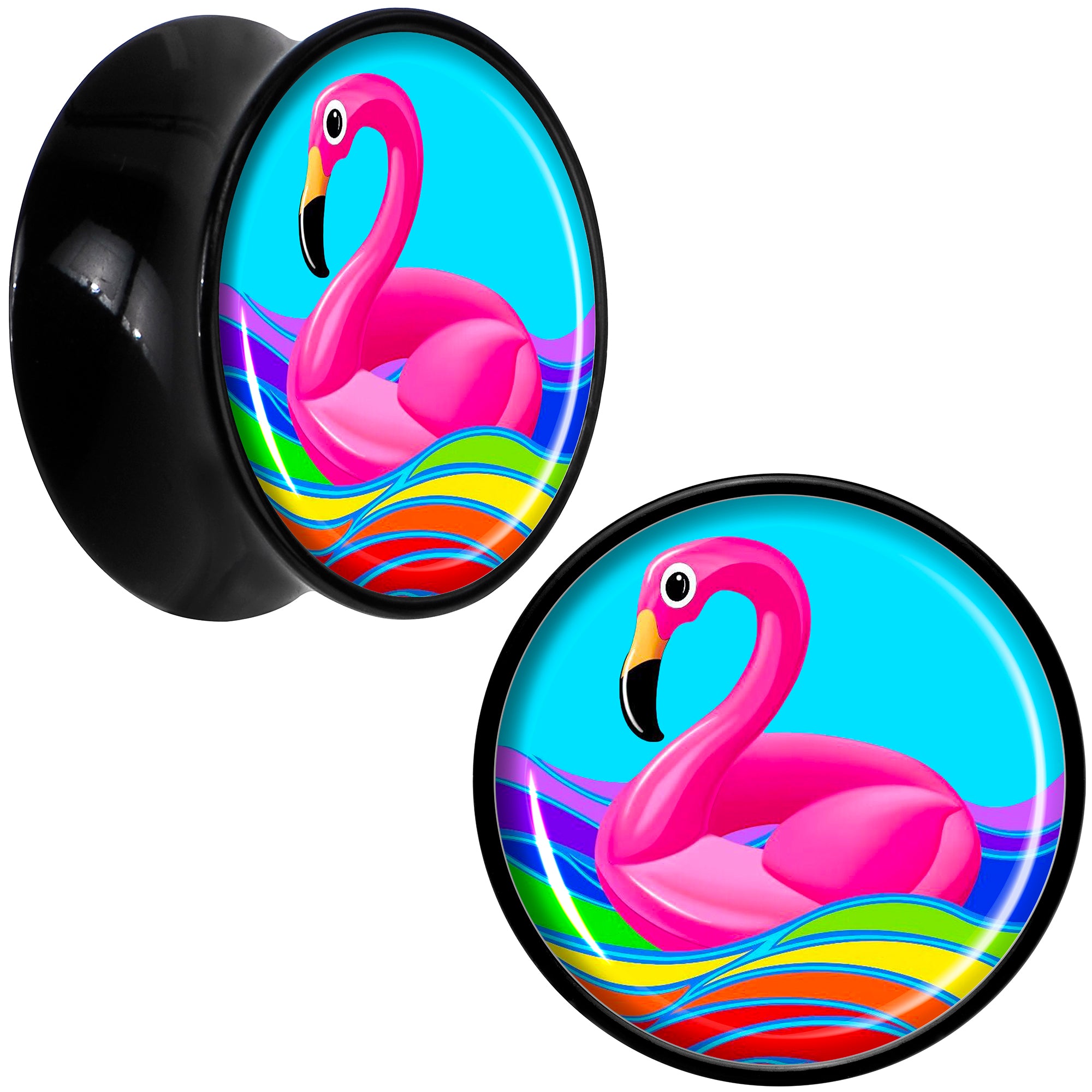 Black Acrylic Rainbow Sea Floating Flamingo Double Flare Plug Set