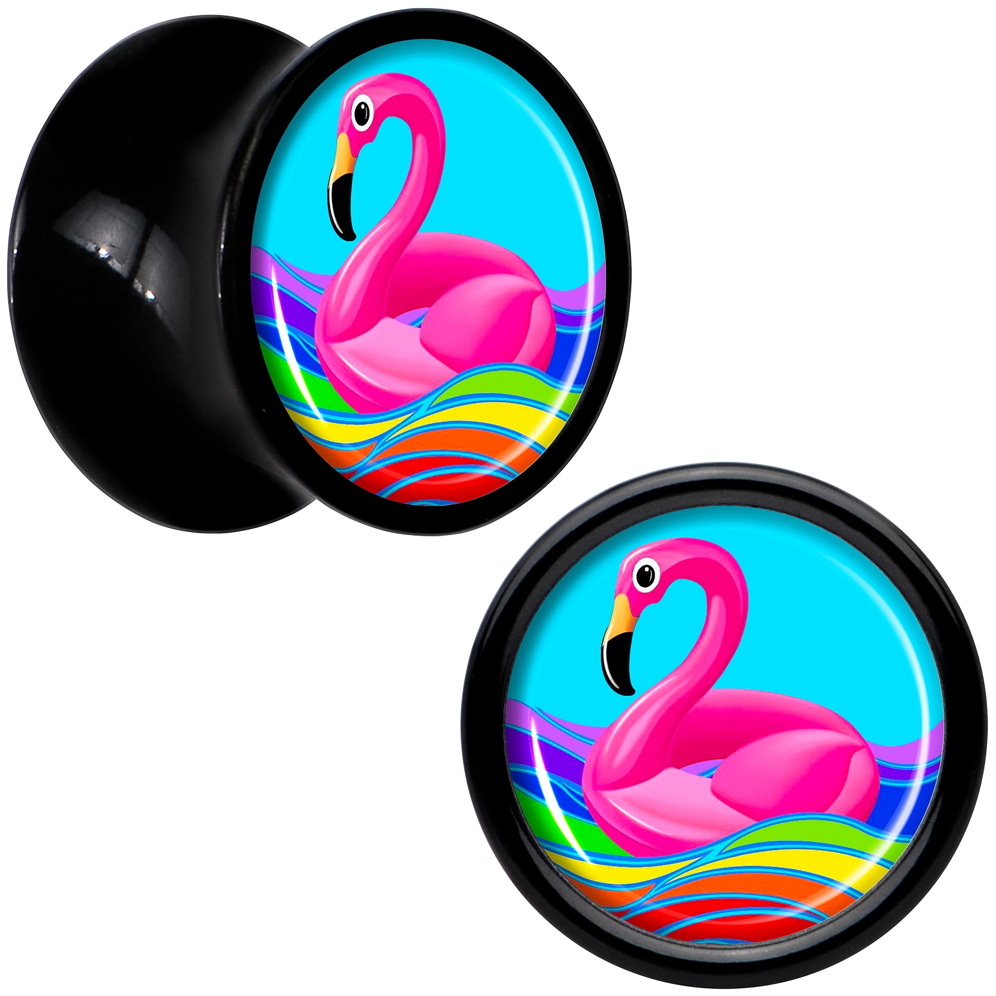 Black Acrylic Rainbow Sea Floating Flamingo Double Flare Plug Set