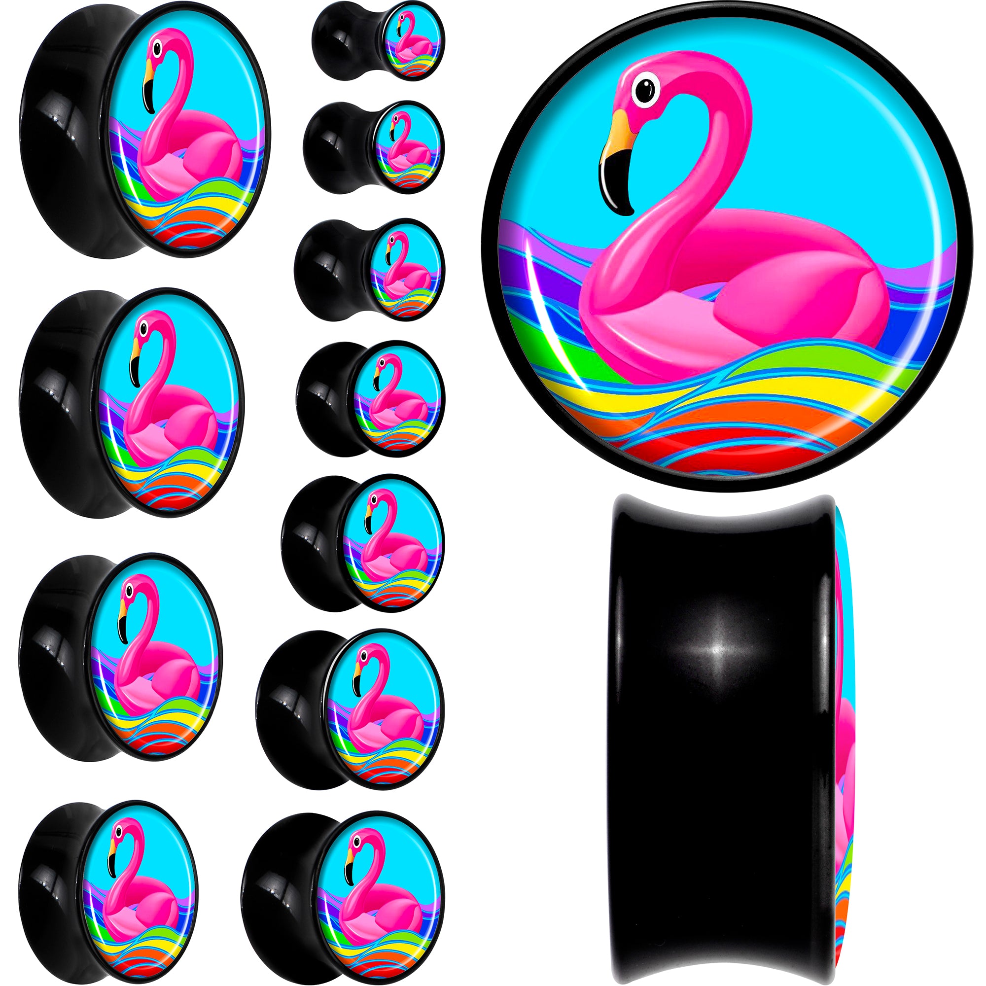 Black Acrylic Rainbow Sea Floating Flamingo Double Flare Plug Set