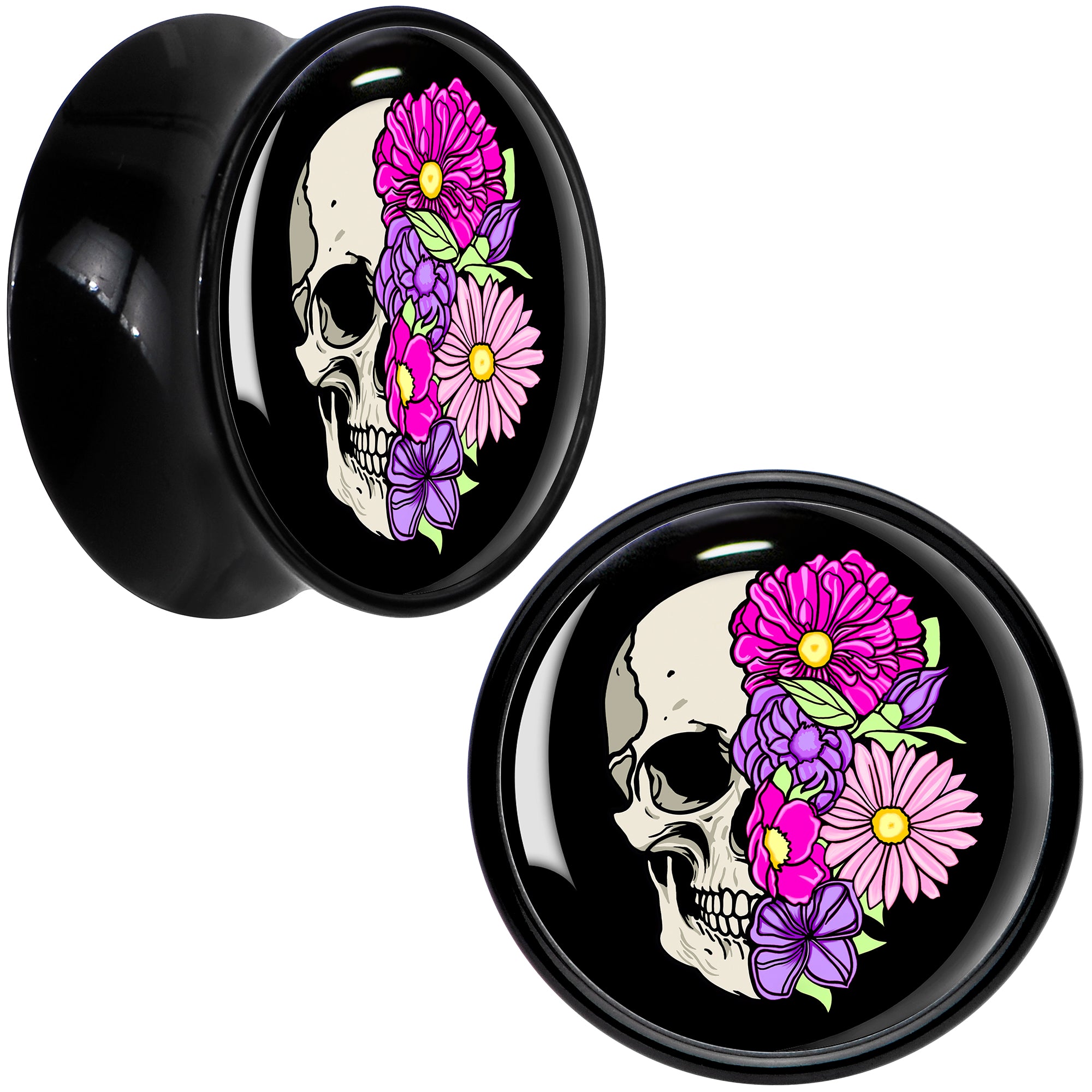 Floral Flowers Skull Black Acrylic Saddle Plug Set 8mm to 20mm