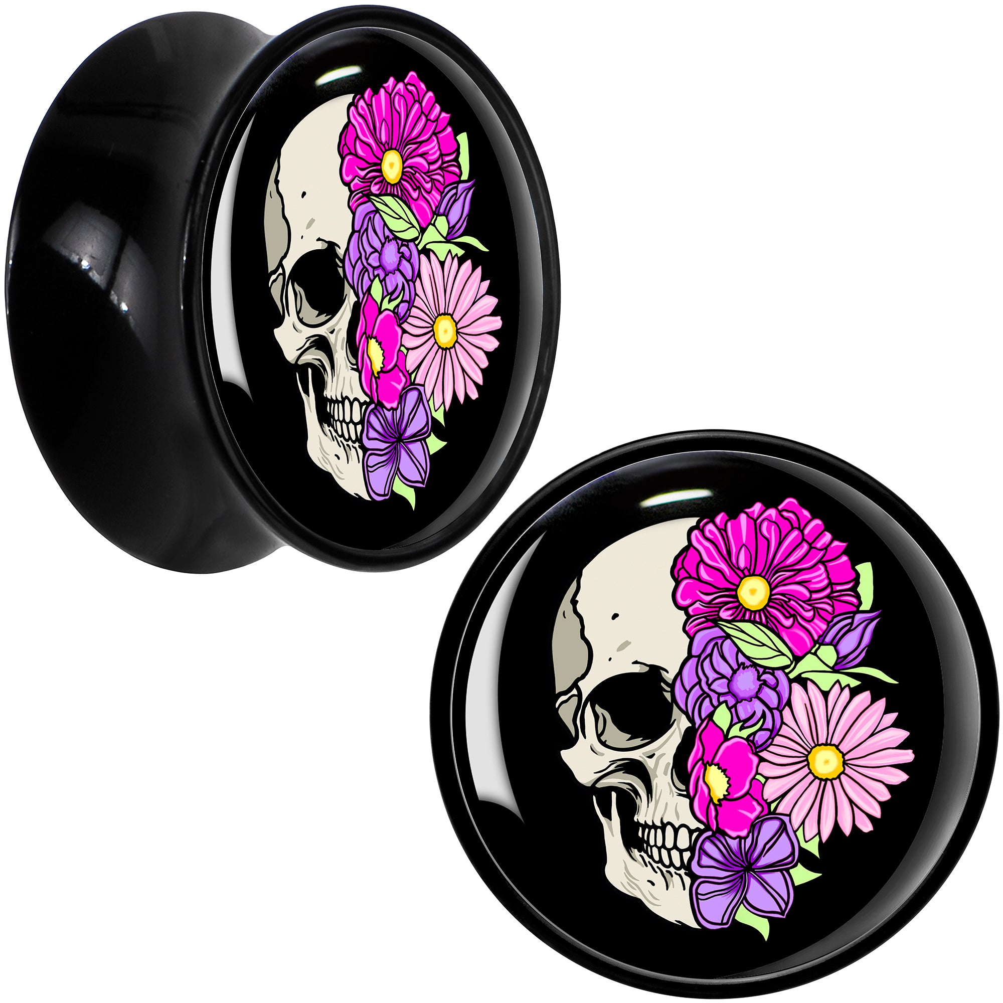 Floral Flowers Skull Black Acrylic Saddle Plug Set 8mm to 20mm