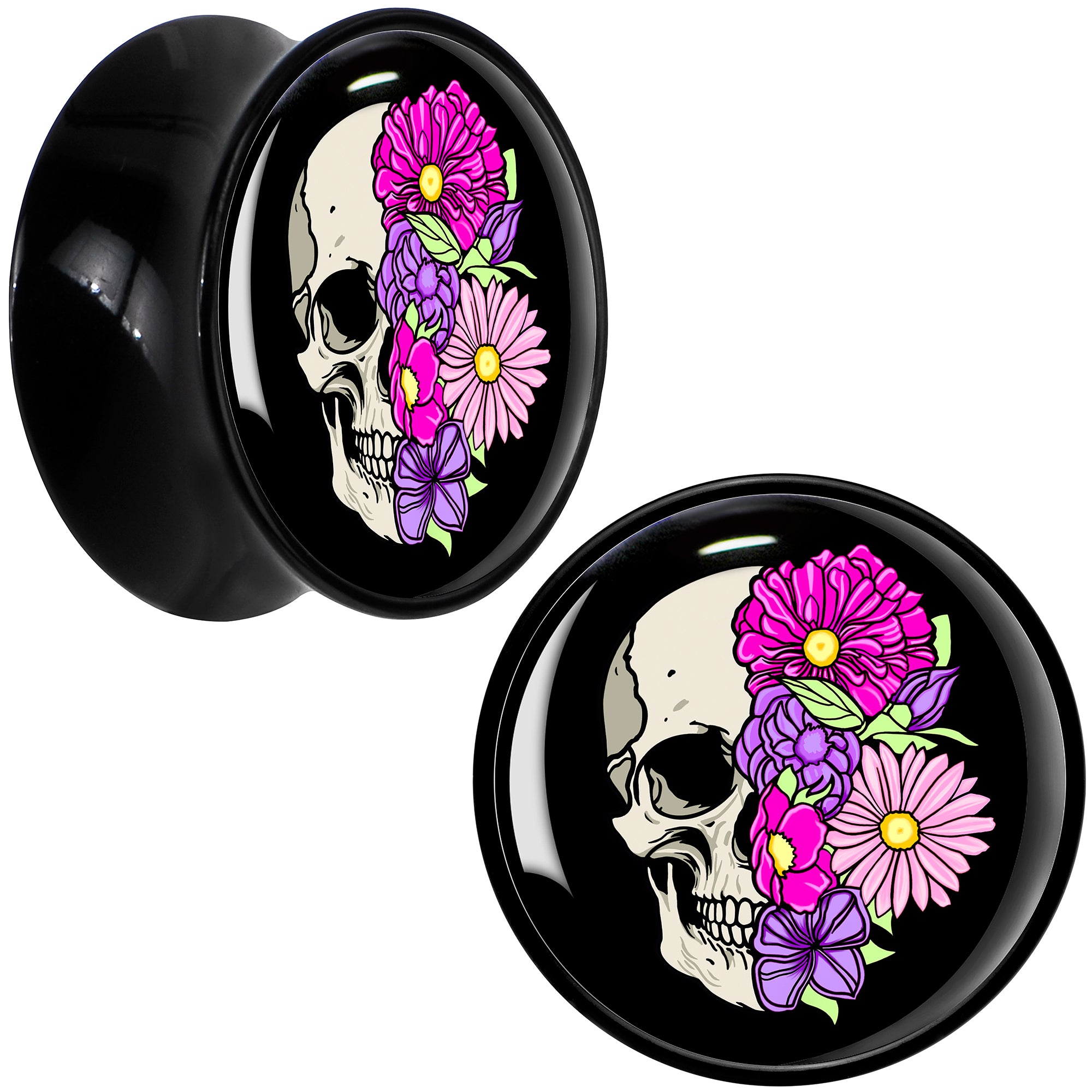 Floral Flowers Skull Black Acrylic Saddle Plug Set 8mm to 20mm