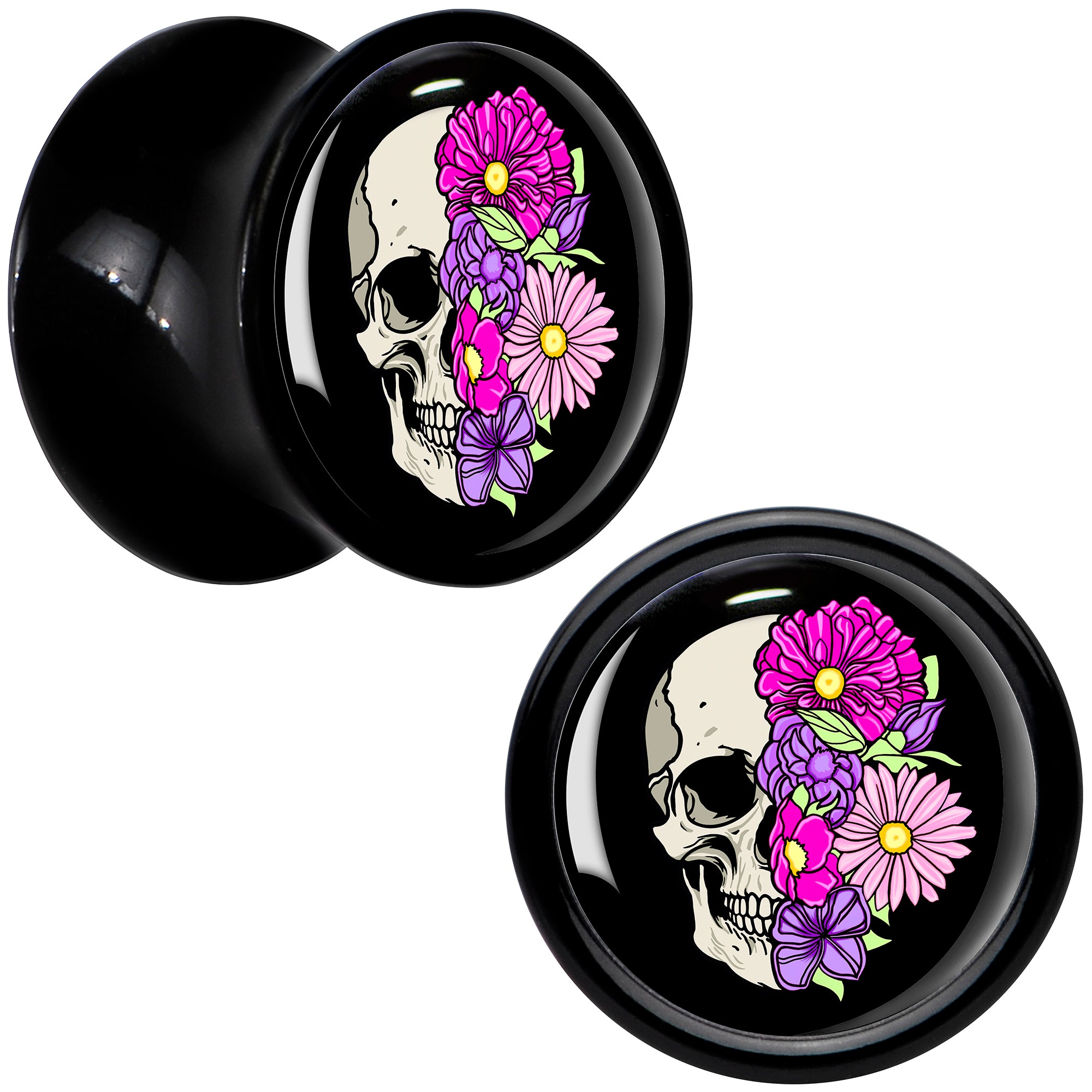 Floral Flowers Skull Black Acrylic Saddle Plug Set 8mm to 20mm