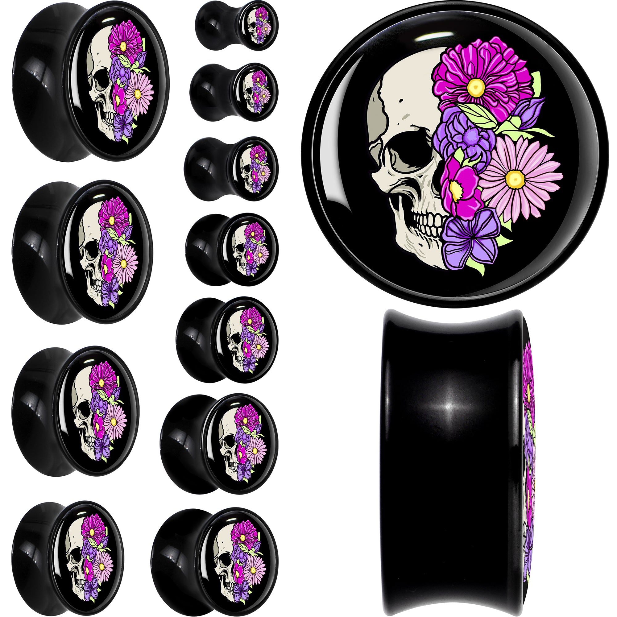 Floral Flowers Skull Black Acrylic Saddle Plug Set 8mm to 20mm