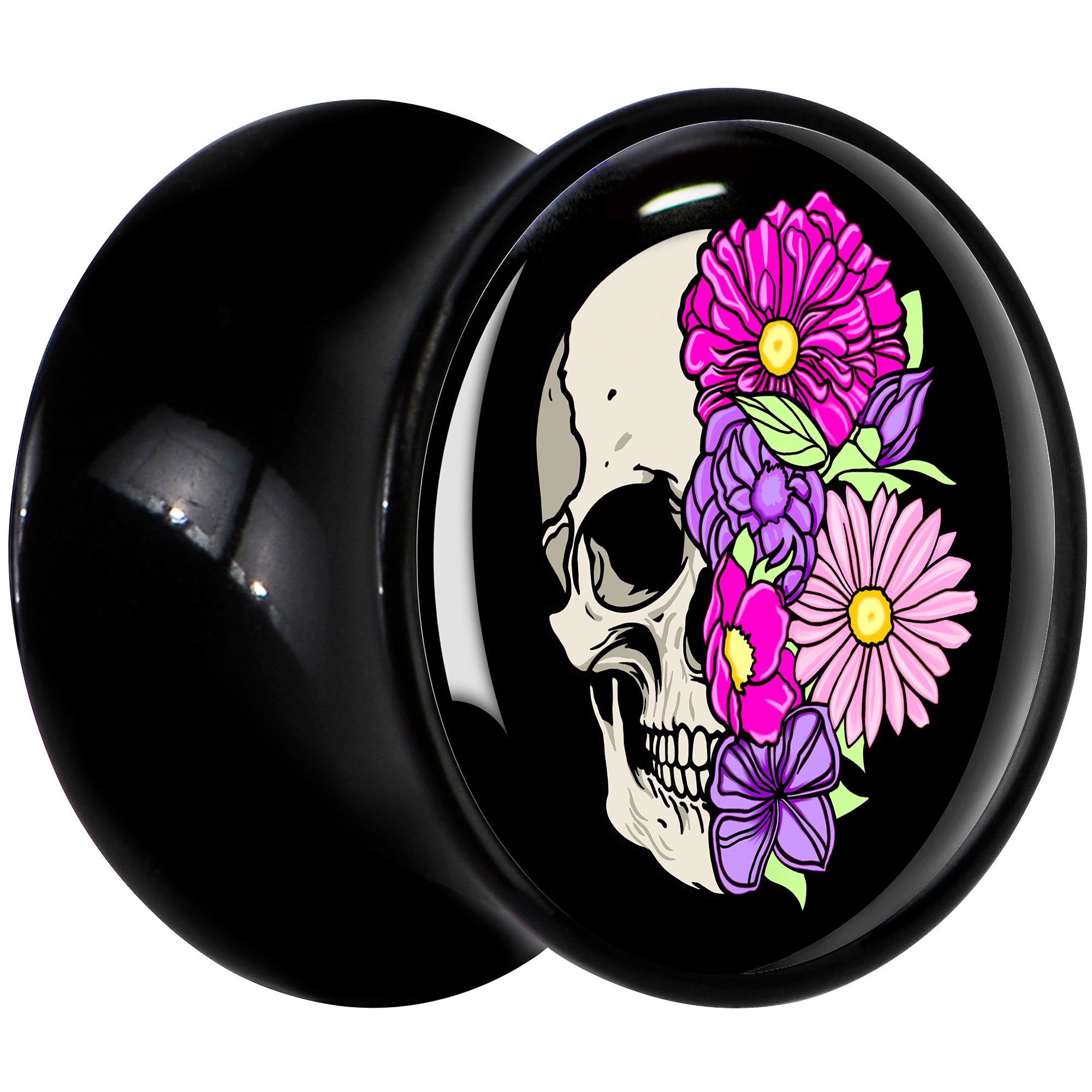 Floral Flowers Skull Black Acrylic Saddle Plug Set 8mm to 20mm