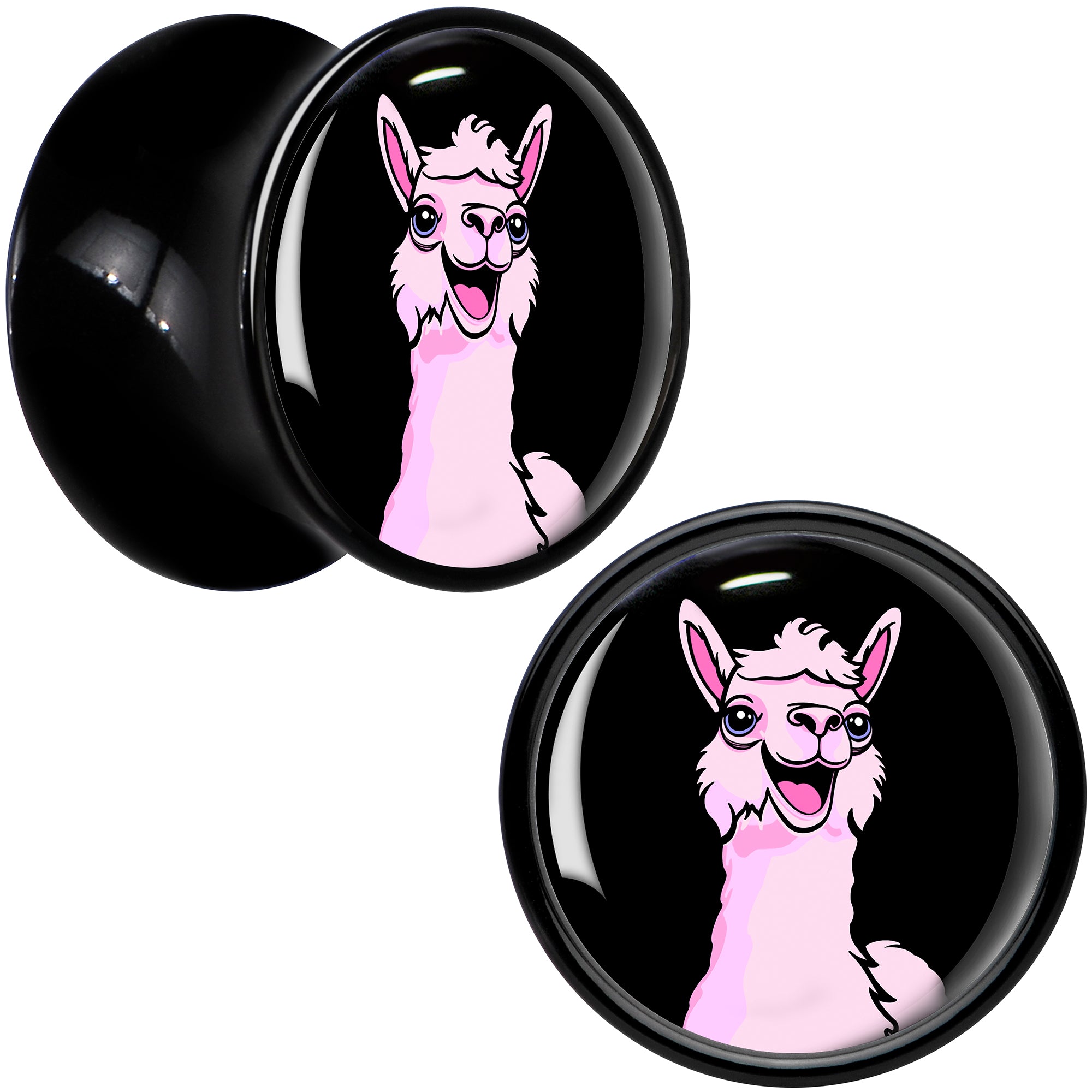 Pink Happy Llama Black Acrylic Saddle Plug Set 8mm to 20mm