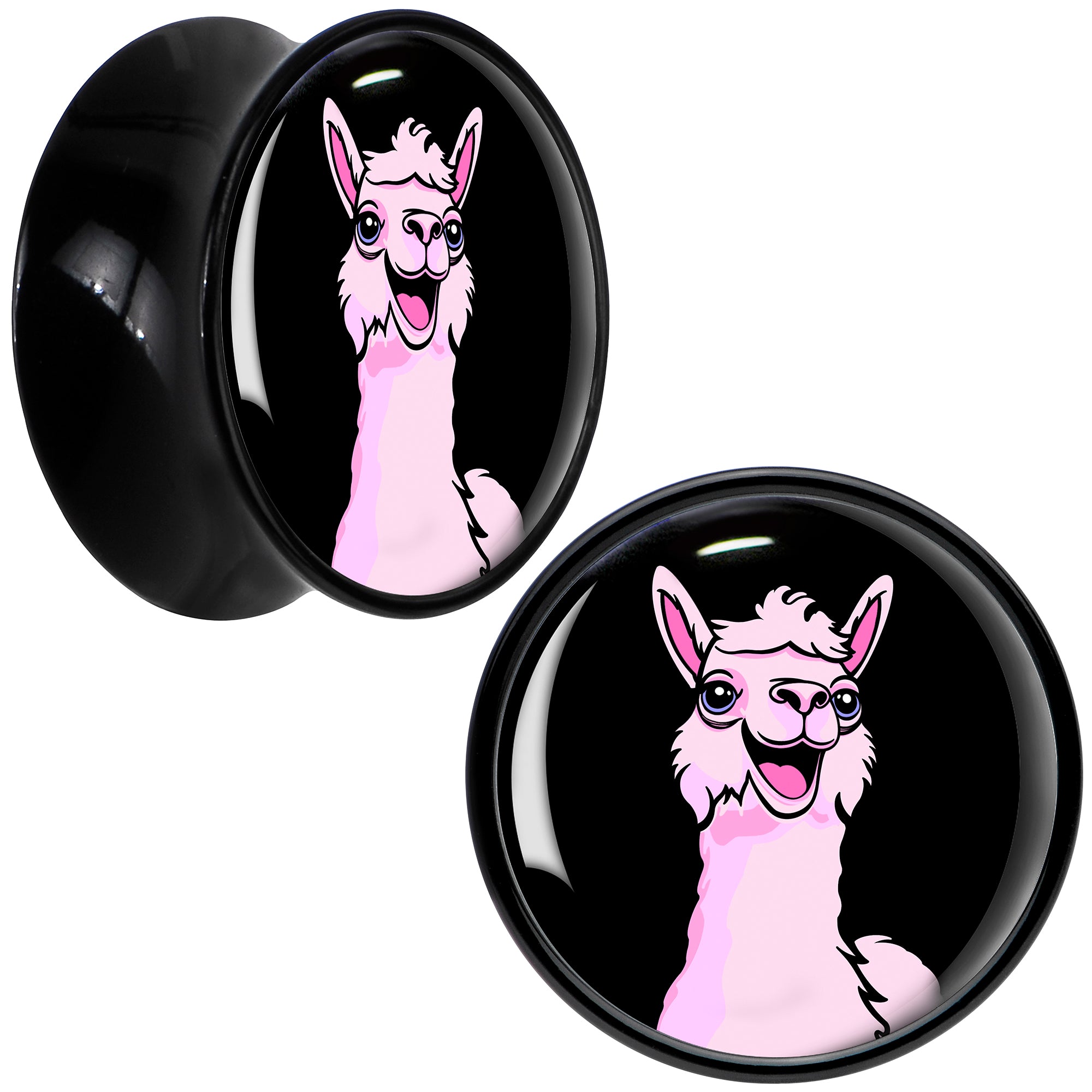 Pink Happy Llama Black Acrylic Saddle Plug Set 8mm to 20mm