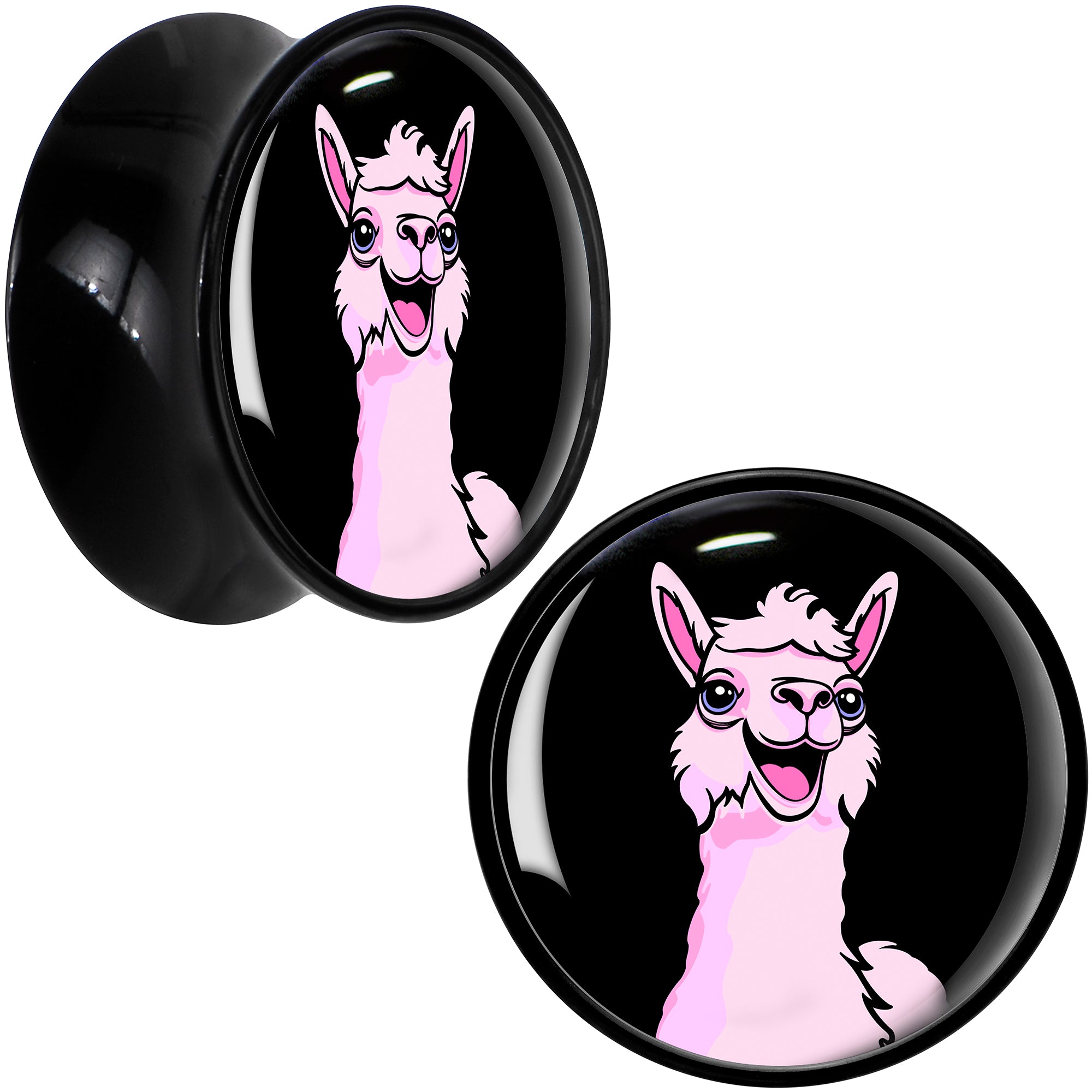 Pink Happy Llama Black Acrylic Saddle Plug Set 8mm to 20mm