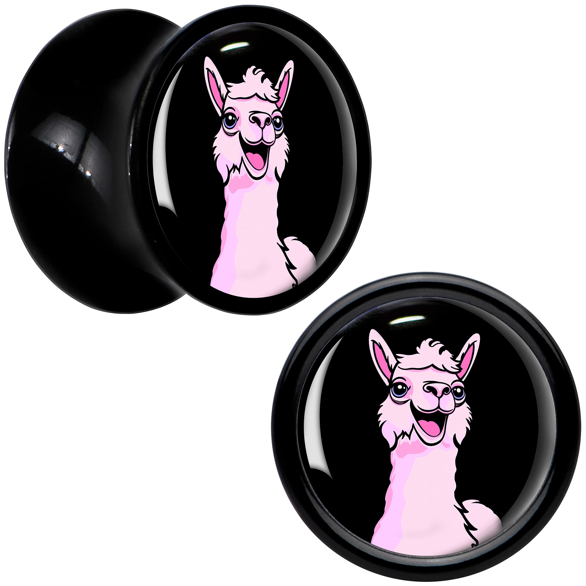 Pink Happy Llama Black Acrylic Saddle Plug Set 8mm to 20mm