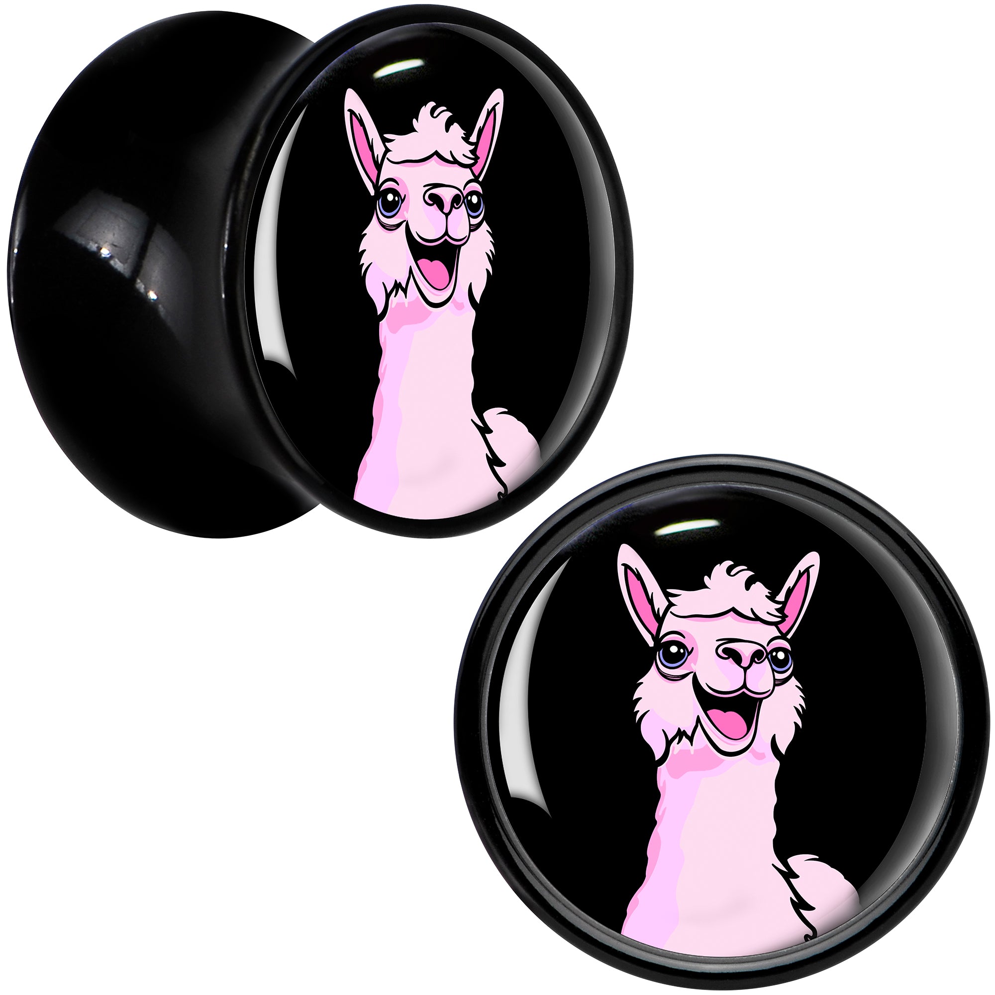 Pink Happy Llama Black Acrylic Saddle Plug Set 8mm to 20mm