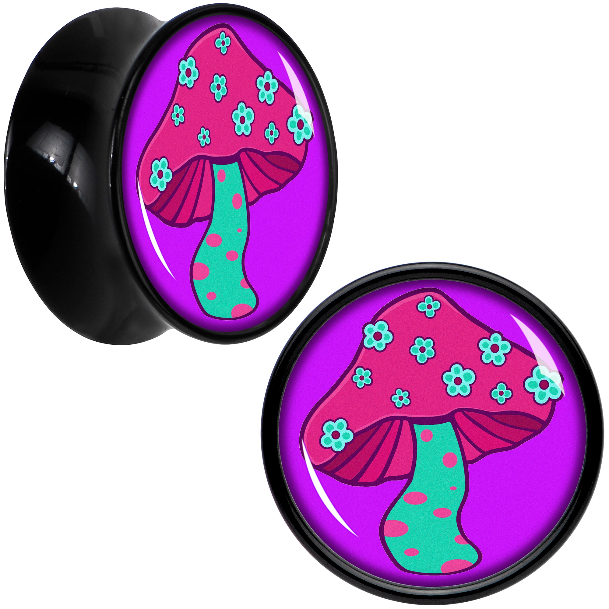 Black Acrylic Funky Floral Mushroom Double Flare Plug Set