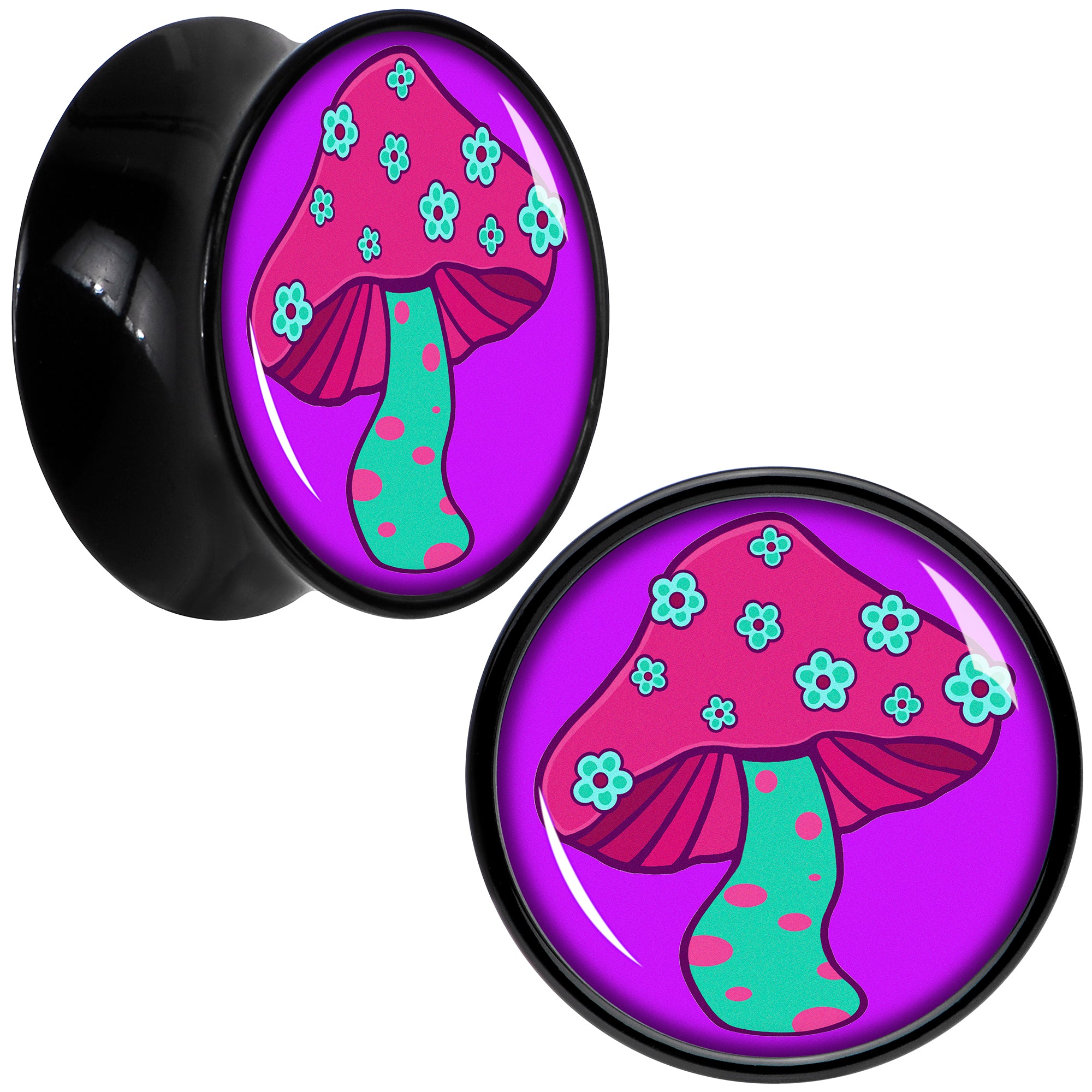 Black Acrylic Funky Floral Mushroom Double Flare Plug Set