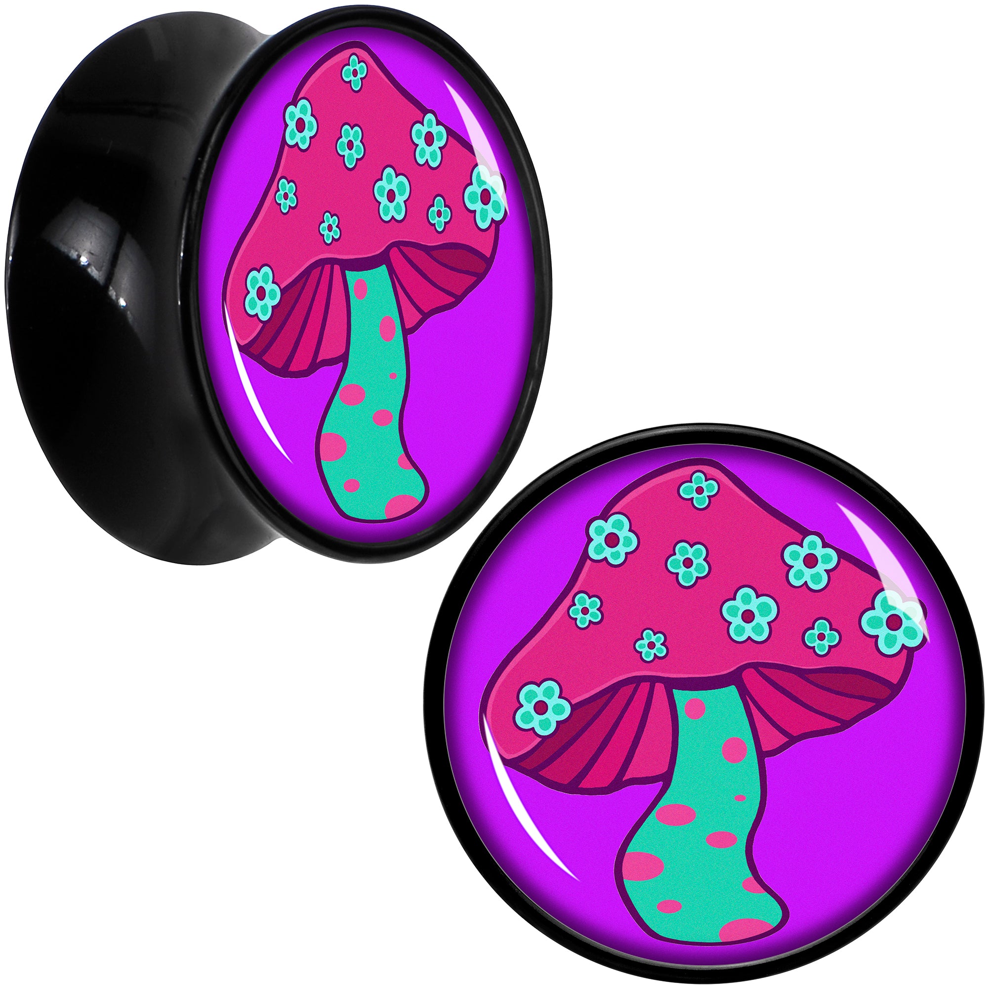 Black Acrylic Funky Floral Mushroom Double Flare Plug Set