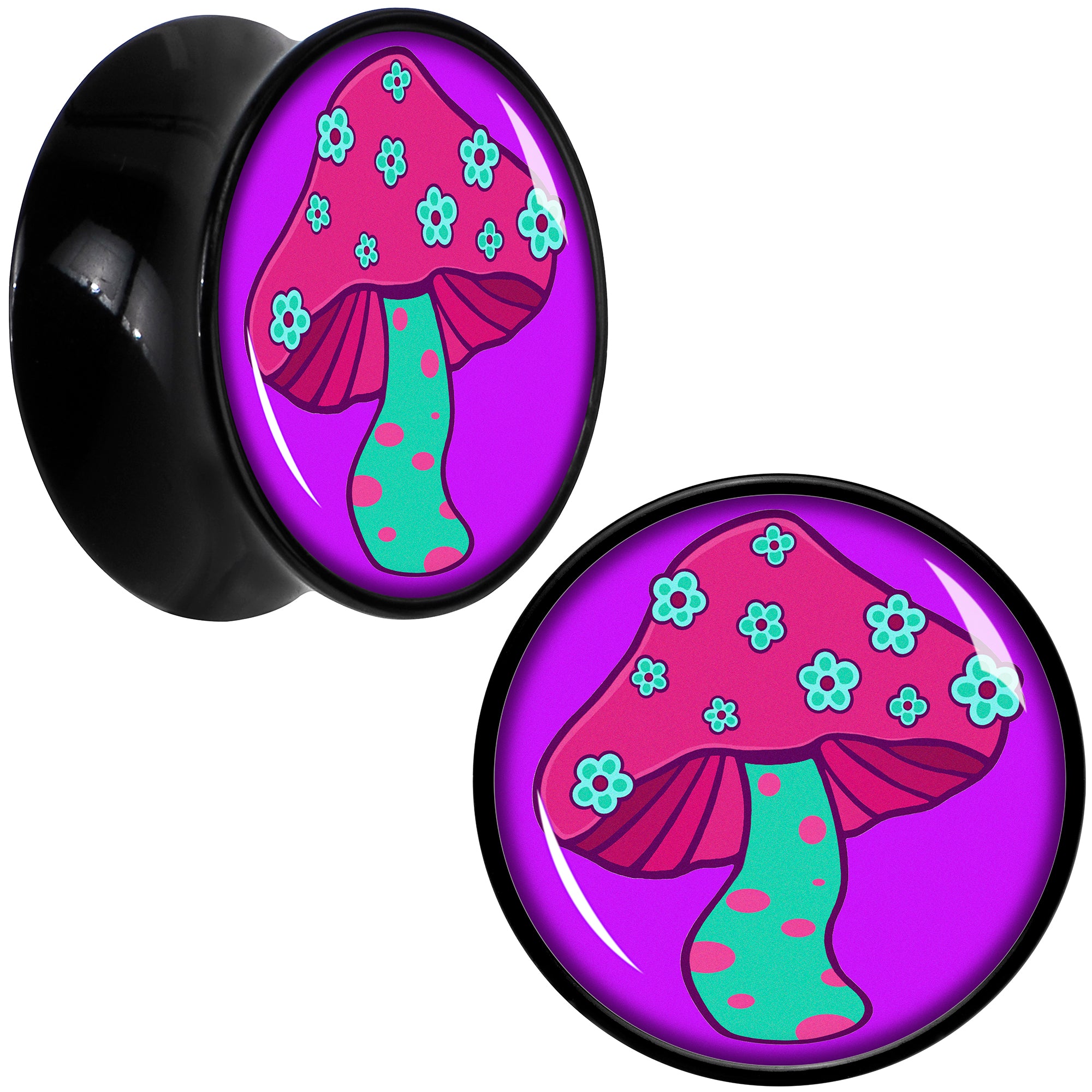 Black Acrylic Funky Floral Mushroom Double Flare Plug Set