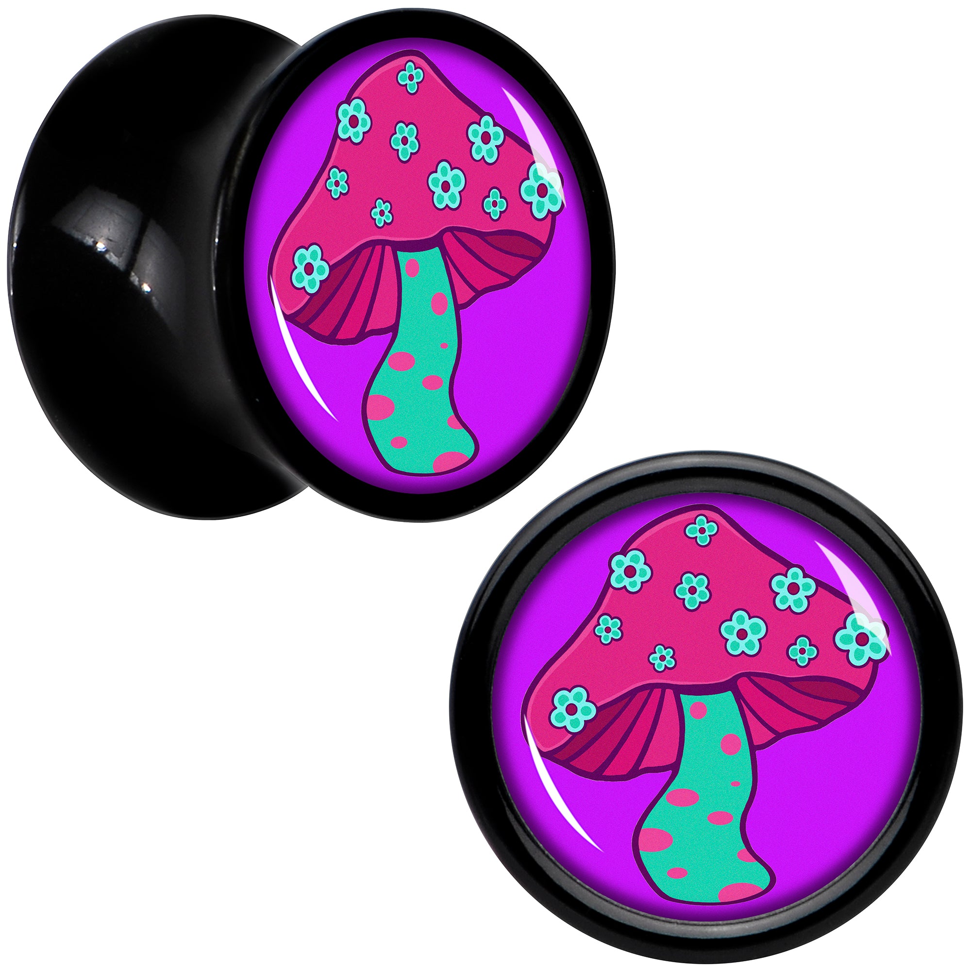 Black Acrylic Funky Floral Mushroom Double Flare Plug Set