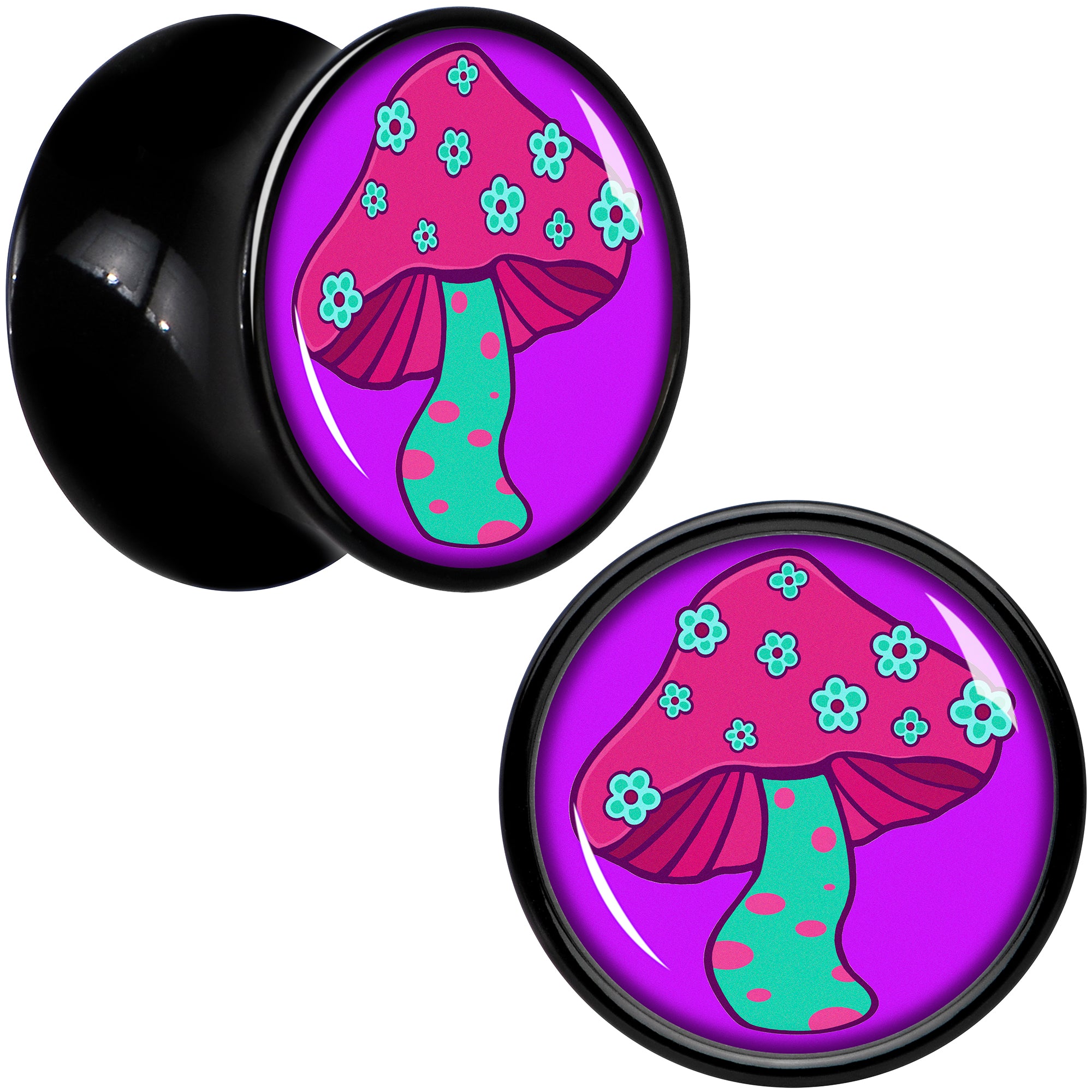 Black Acrylic Funky Floral Mushroom Double Flare Plug Set