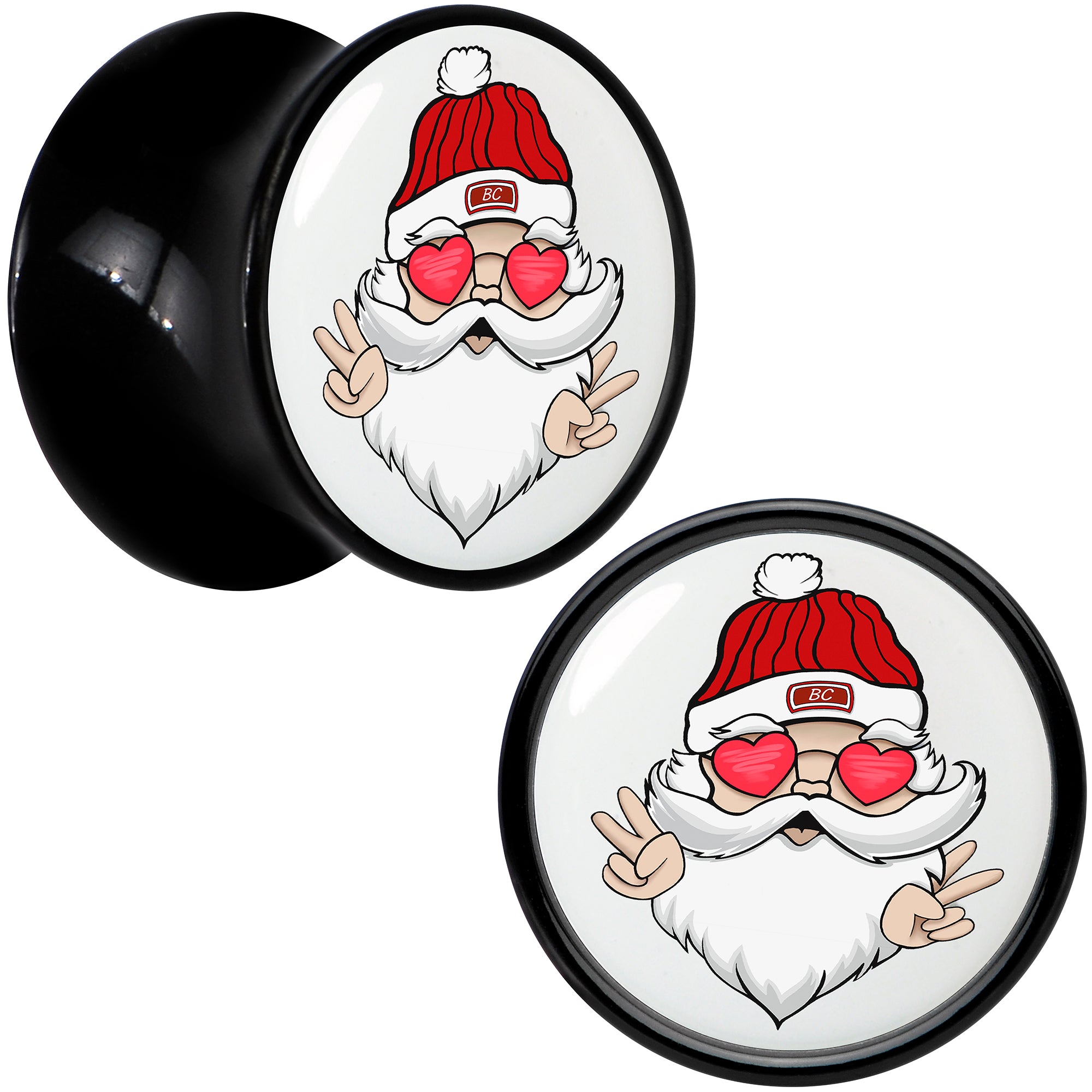 Black Acrylic Christmas Peace Love Santa Double Flare Plug Set, 16mm (5/8) - Body Candy