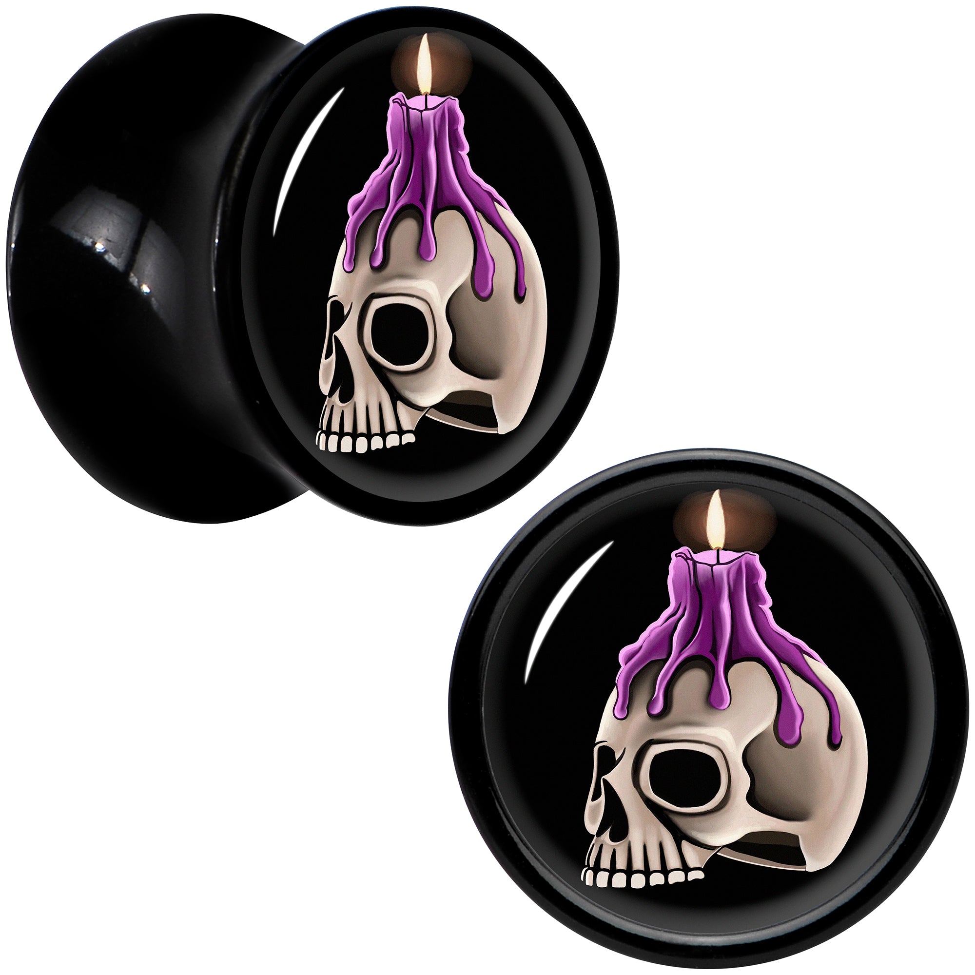 Black Acrylic Burning Skull Candle Double Flare Plug Set