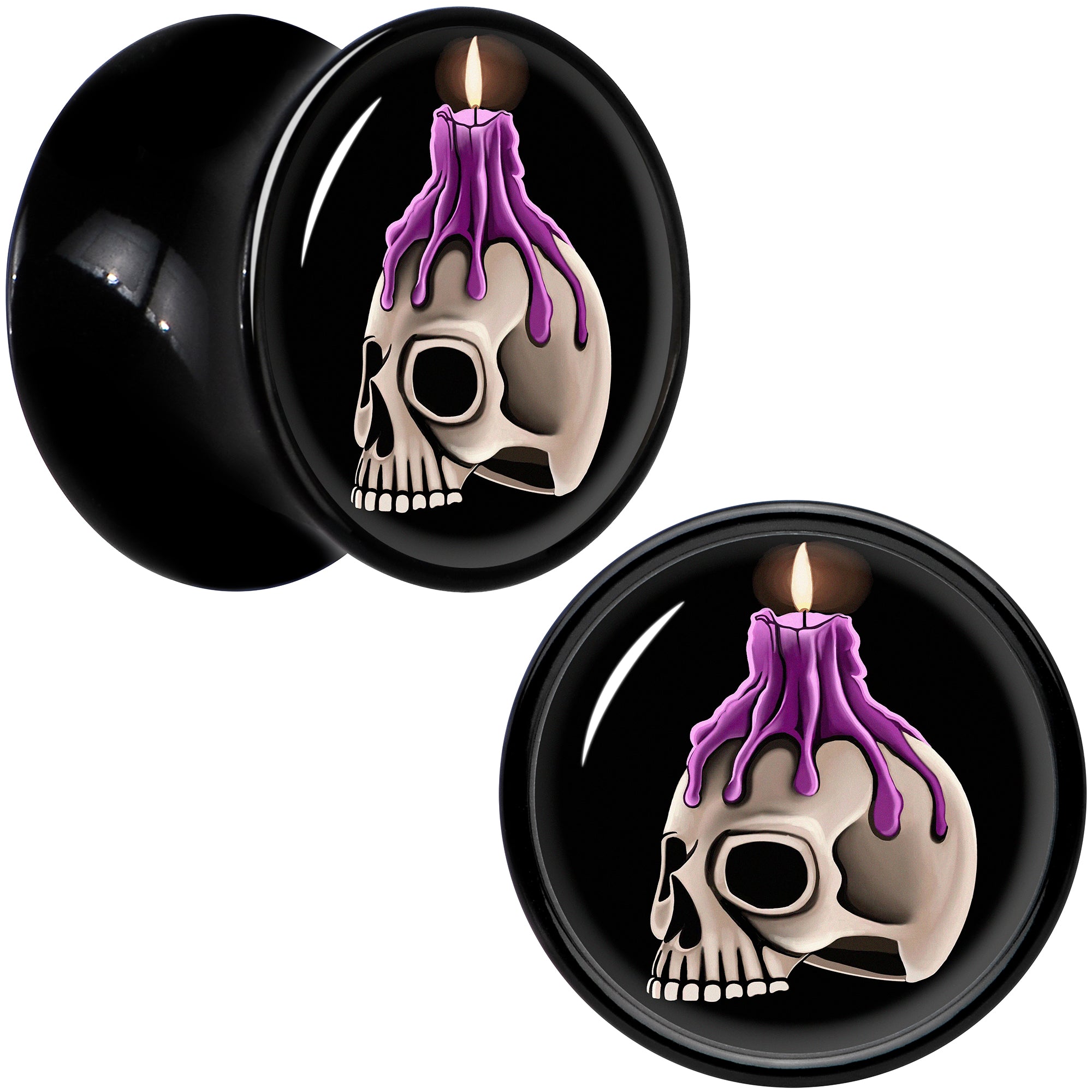 Black Acrylic Burning Skull Candle Double Flare Plug Set