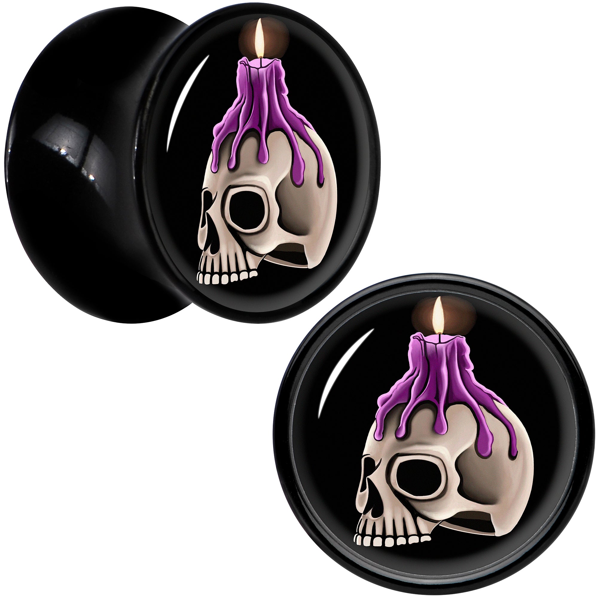 Black Acrylic Burning Skull Candle Double Flare Plug Set