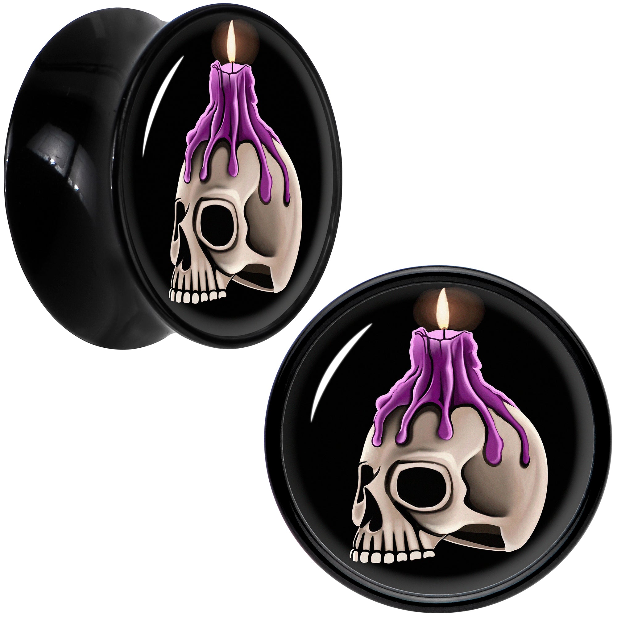 Black Acrylic Burning Skull Candle Double Flare Plug Set