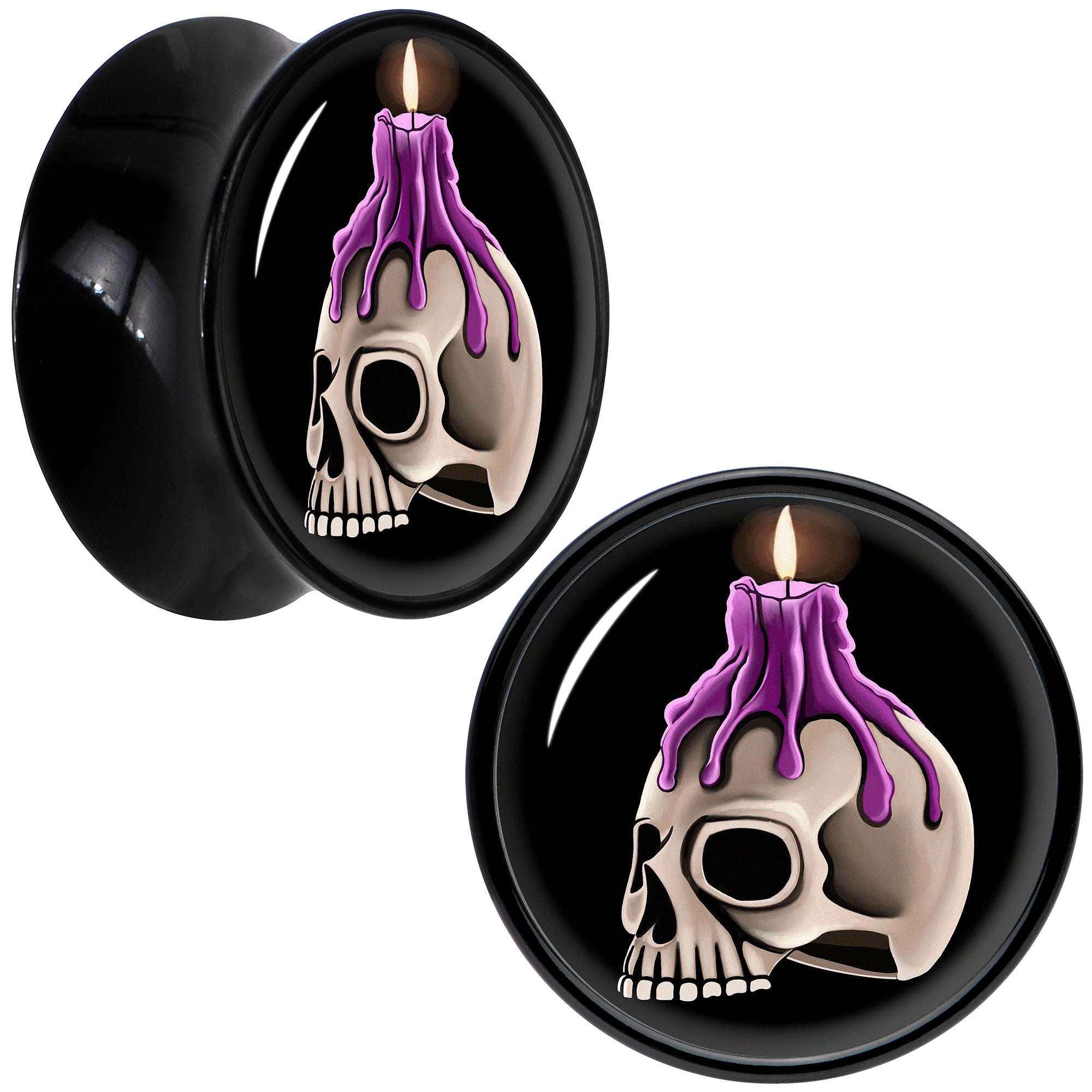 Black Acrylic Burning Skull Candle Double Flare Plug Set