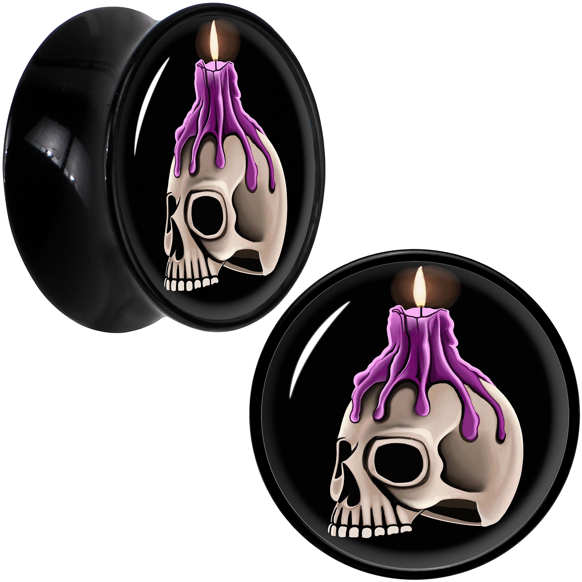 Black Acrylic Burning Skull Candle Double Flare Plug Set