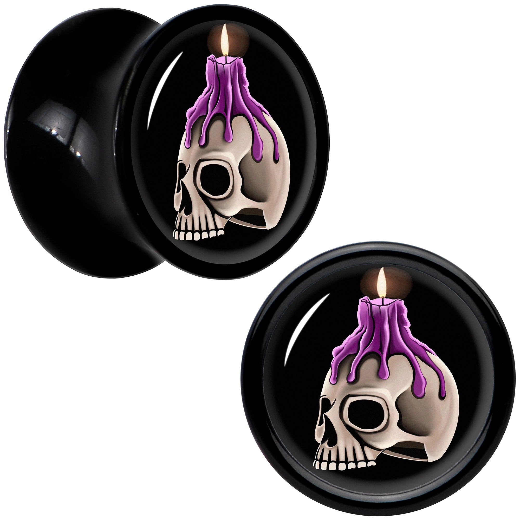 Black Acrylic Burning Skull Candle Double Flare Plug Set