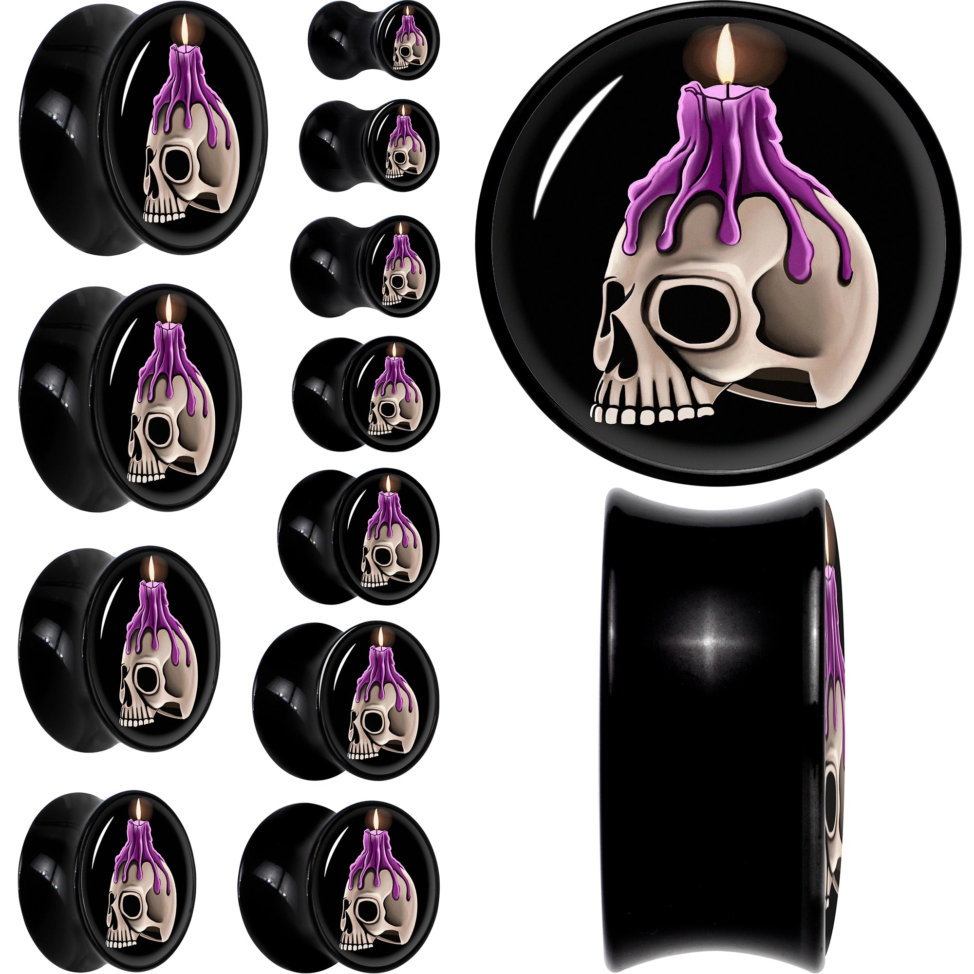 Black Acrylic Burning Skull Candle Double Flare Plug Set