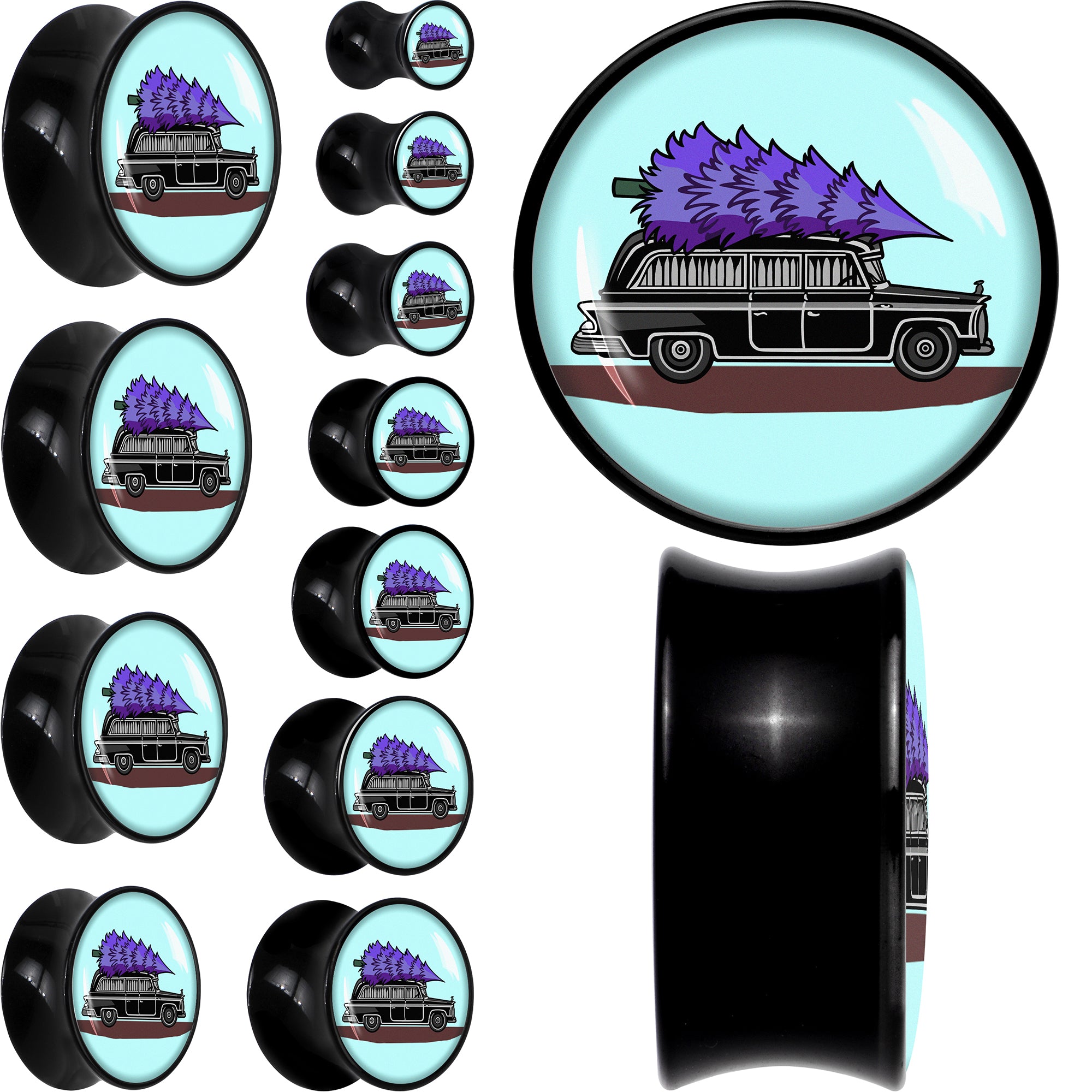 Holiday Christmas Hearse Black Acrylic Saddle Plug Set