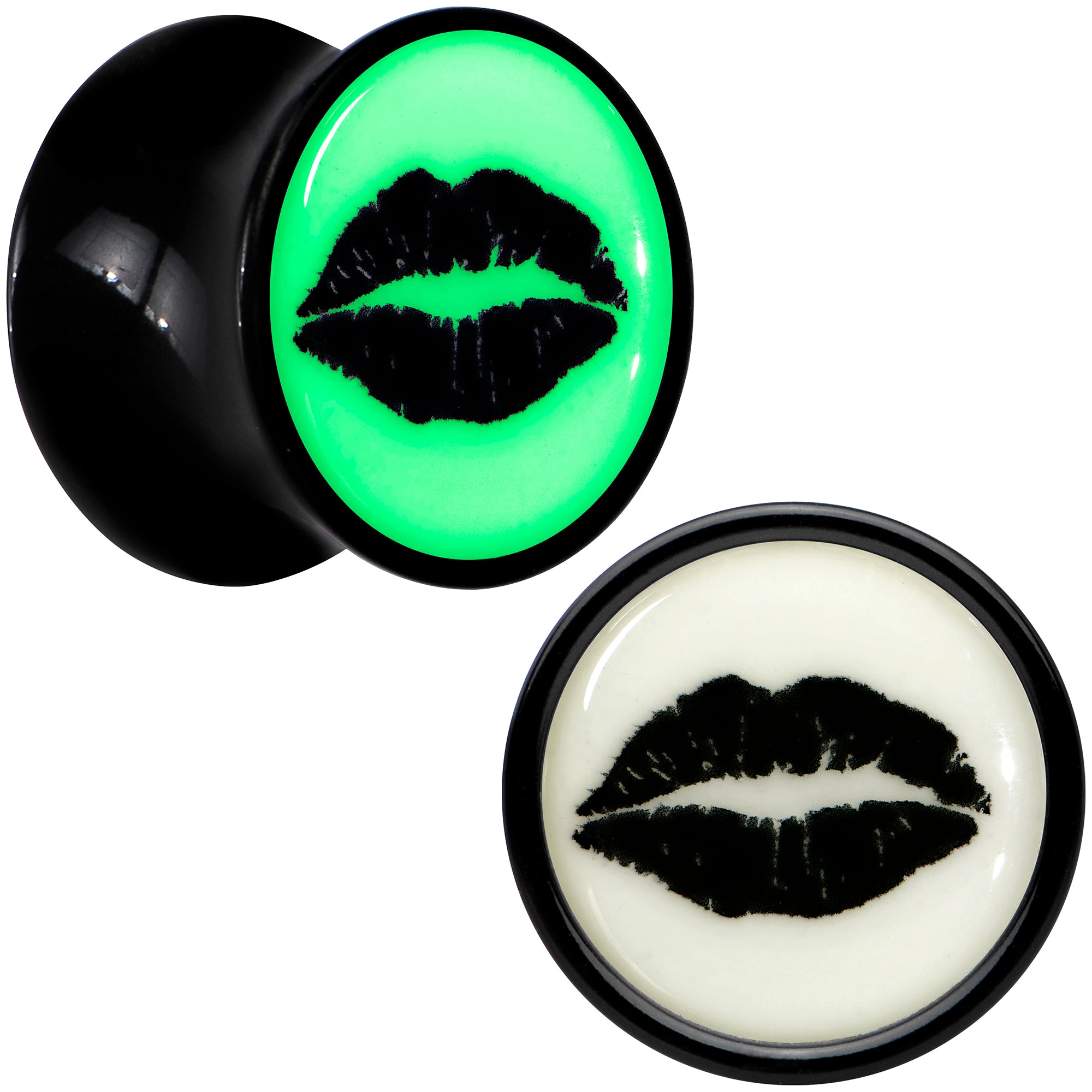 Black Acrylic Lipstick Kiss Glow in Dark Double Flare Plug Set