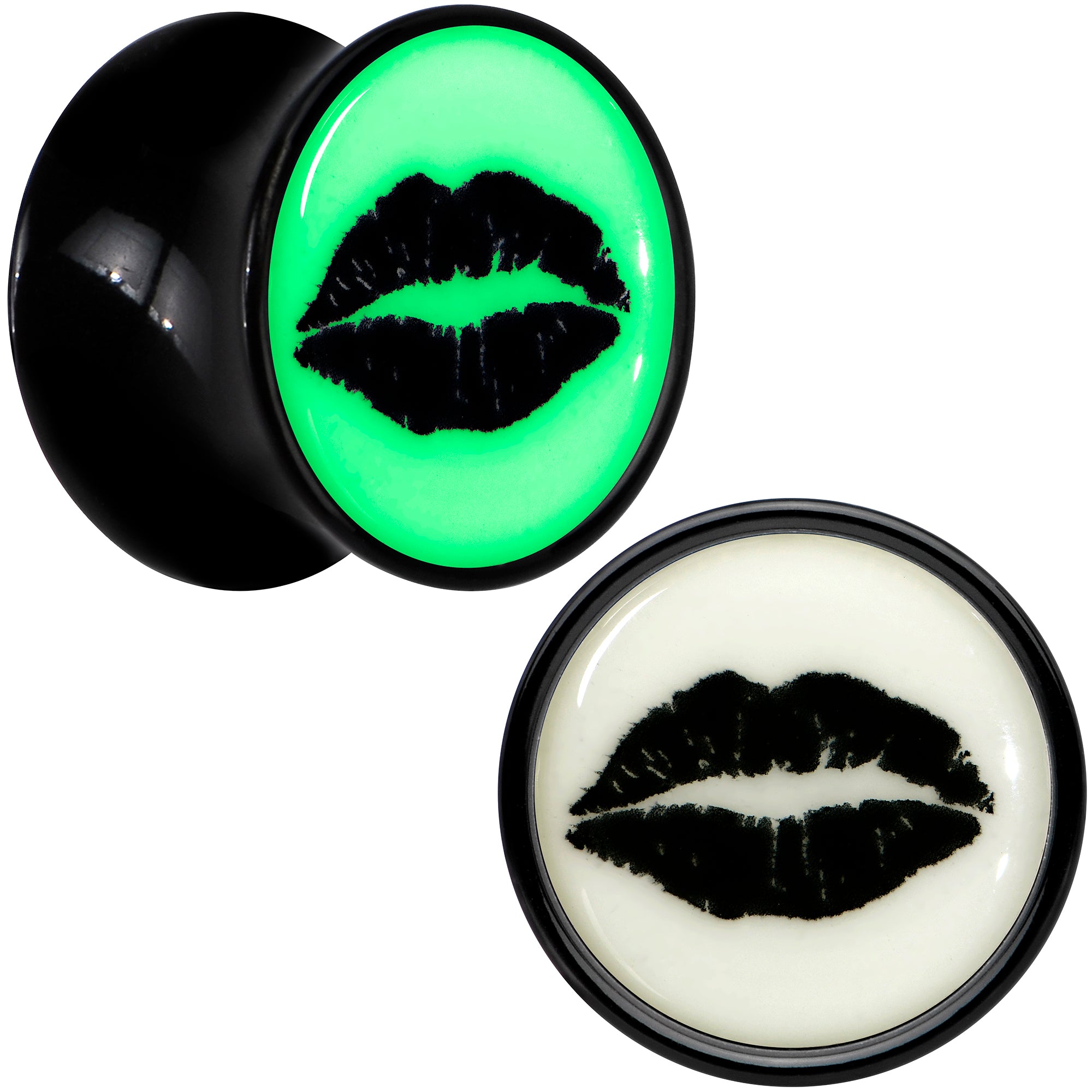 Black Acrylic Lipstick Kiss Glow in Dark Double Flare Plug Set