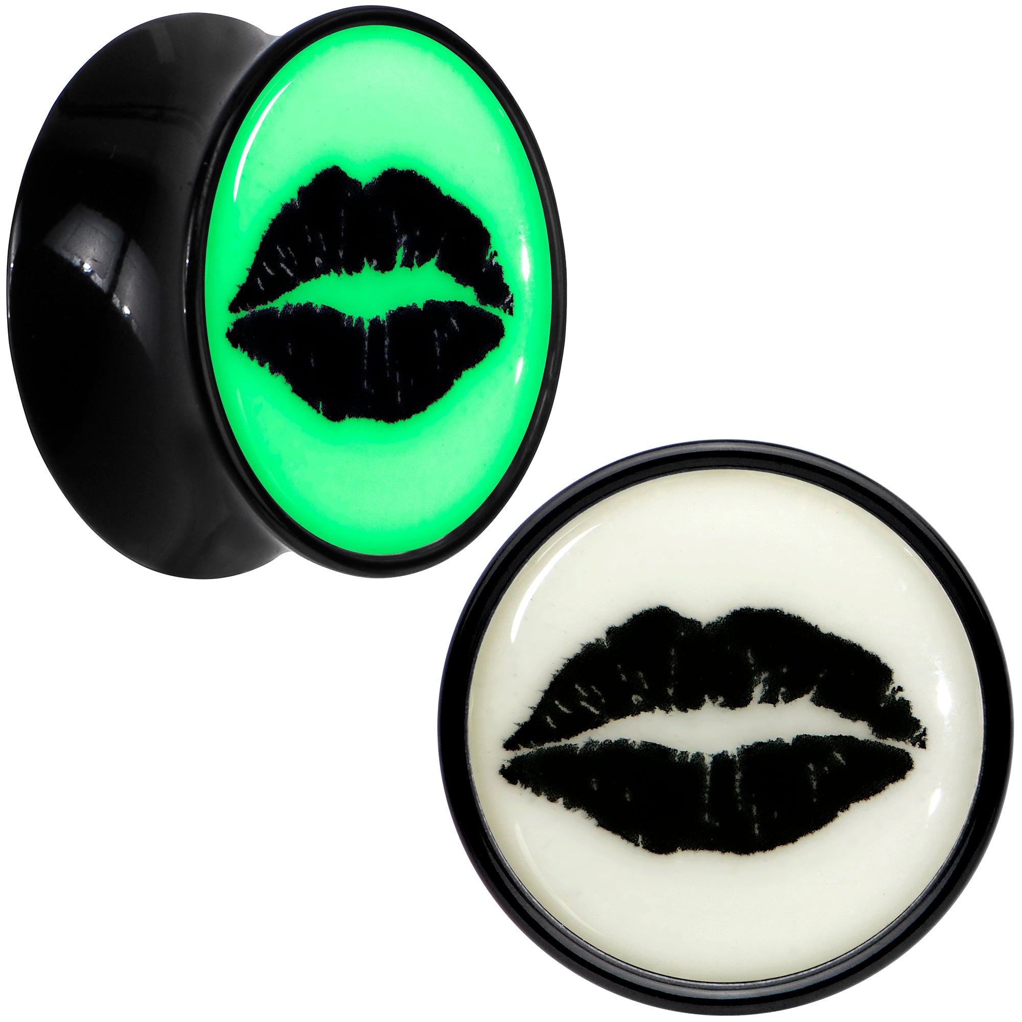 Black Acrylic Lipstick Kiss Glow in Dark Double Flare Plug Set