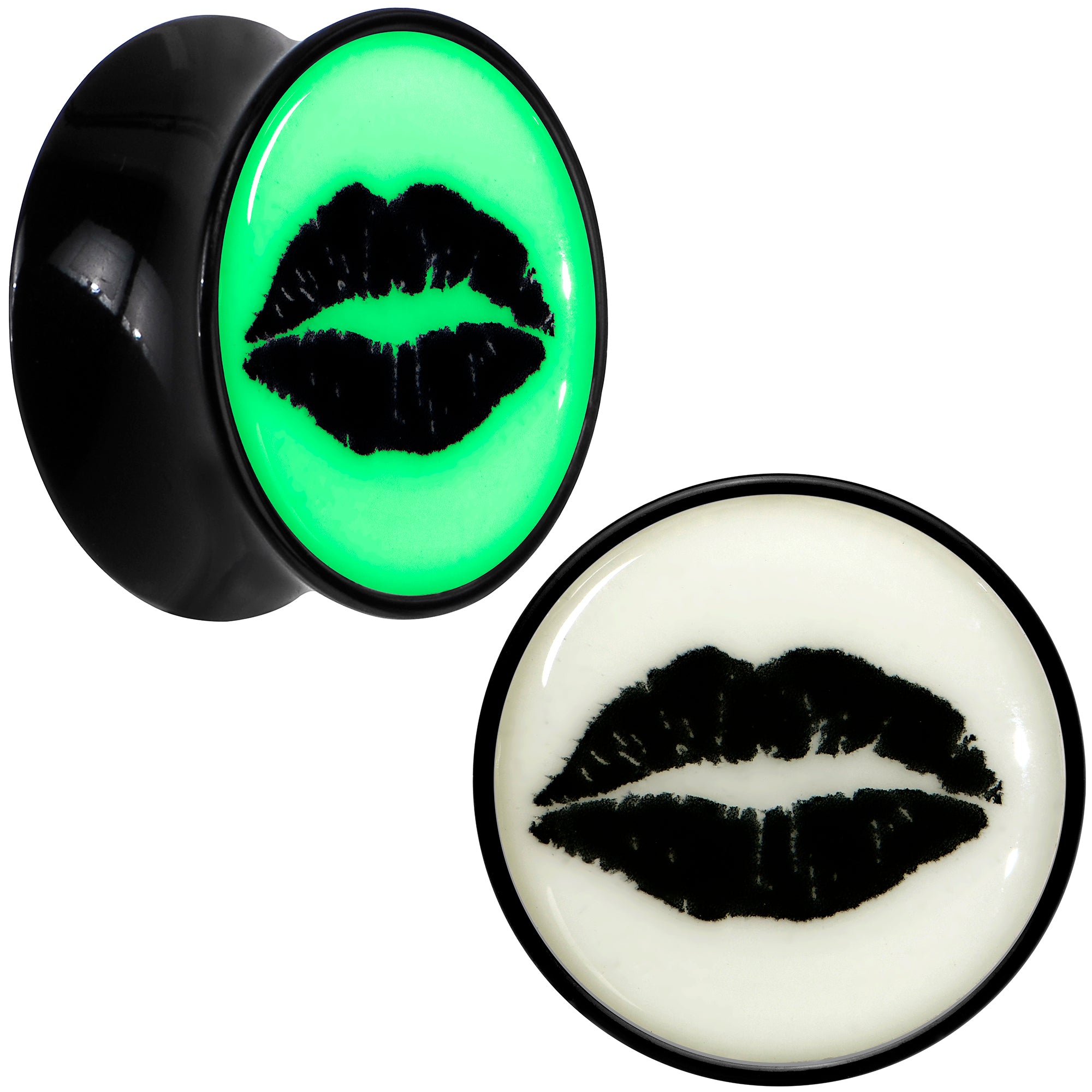 Black Acrylic Lipstick Kiss Glow in Dark Double Flare Plug Set