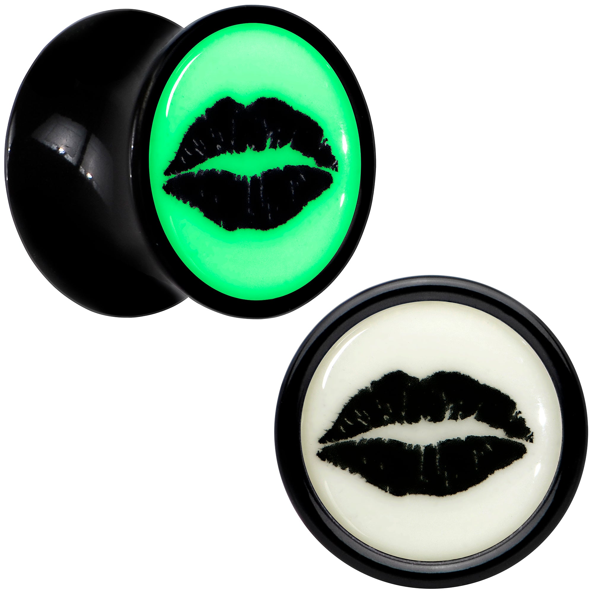 Black Acrylic Lipstick Kiss Glow in Dark Double Flare Plug Set