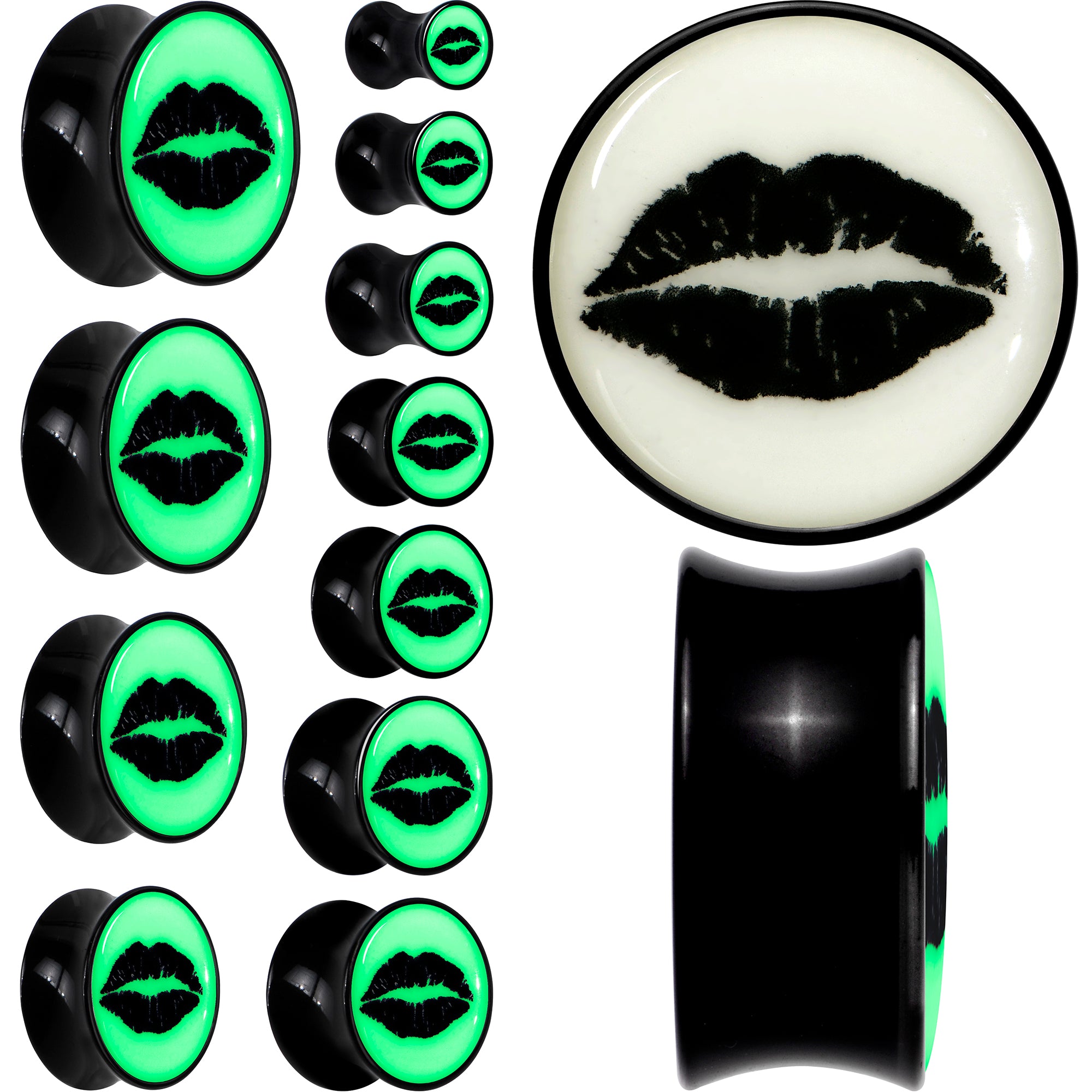 Black Acrylic Lipstick Kiss Glow in Dark Double Flare Plug Set