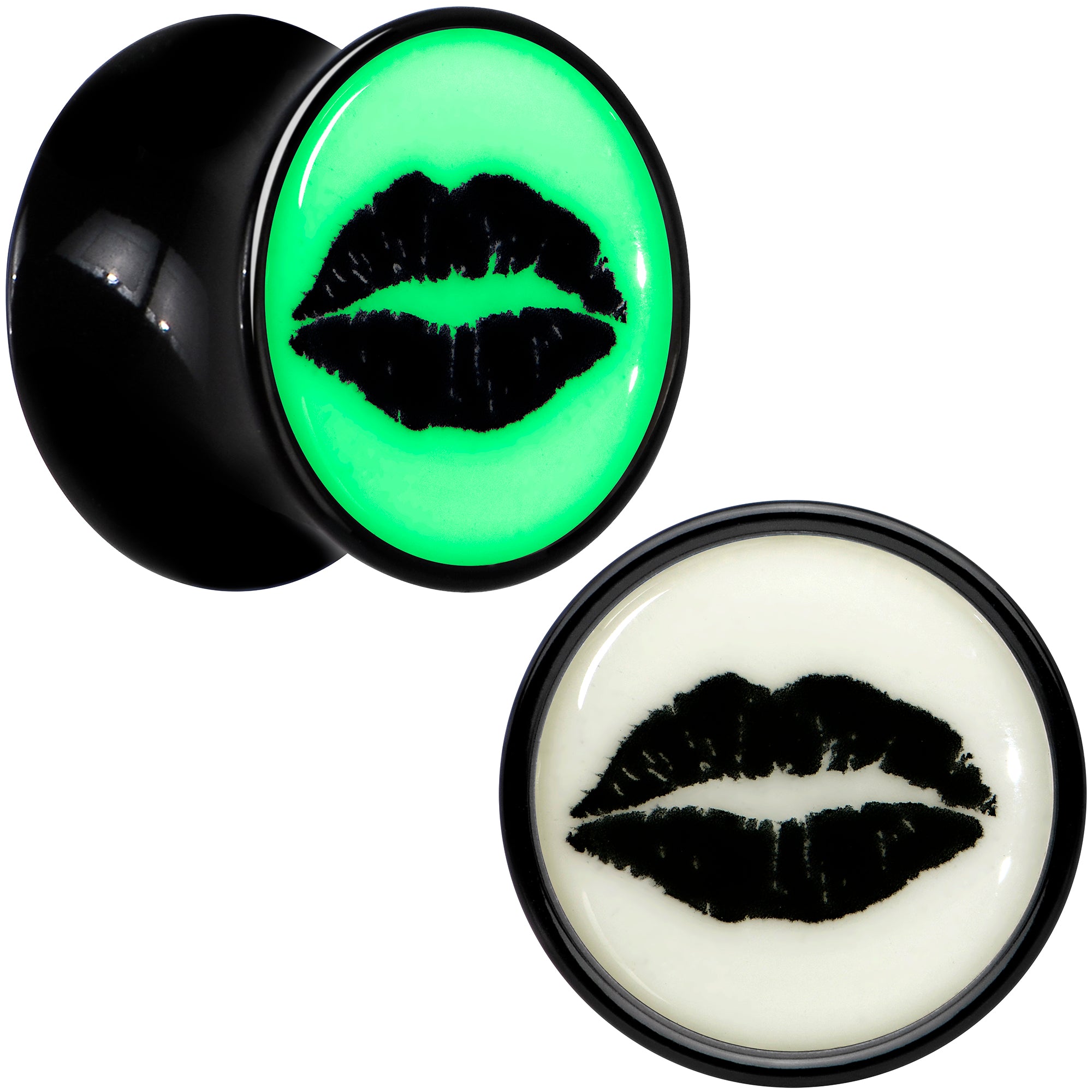 Black Acrylic Lipstick Kiss Glow in Dark Double Flare Plug Set