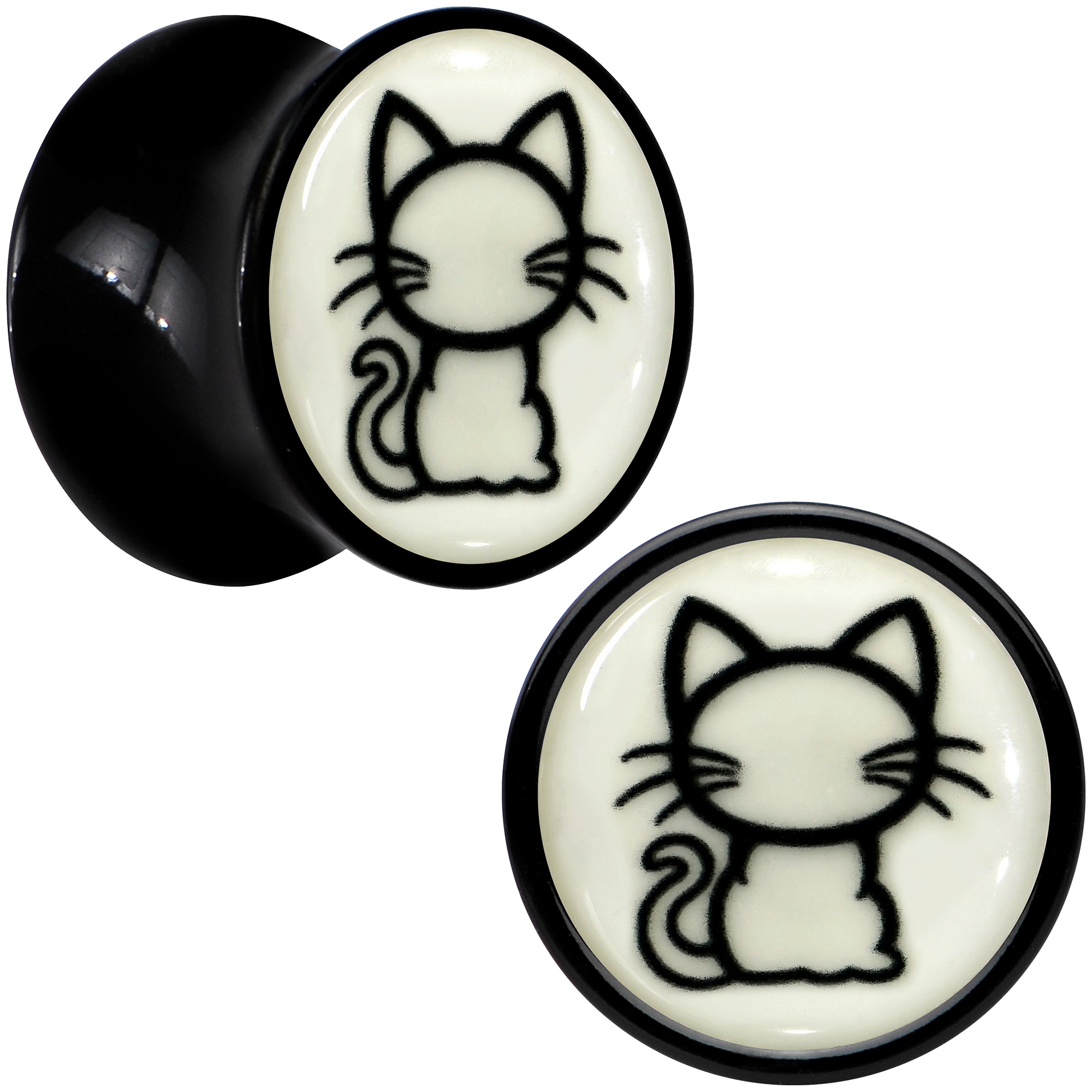 Glow in the Dark Kitty Cat Black Acrylic Saddle Plug Set 8mm to 20mm