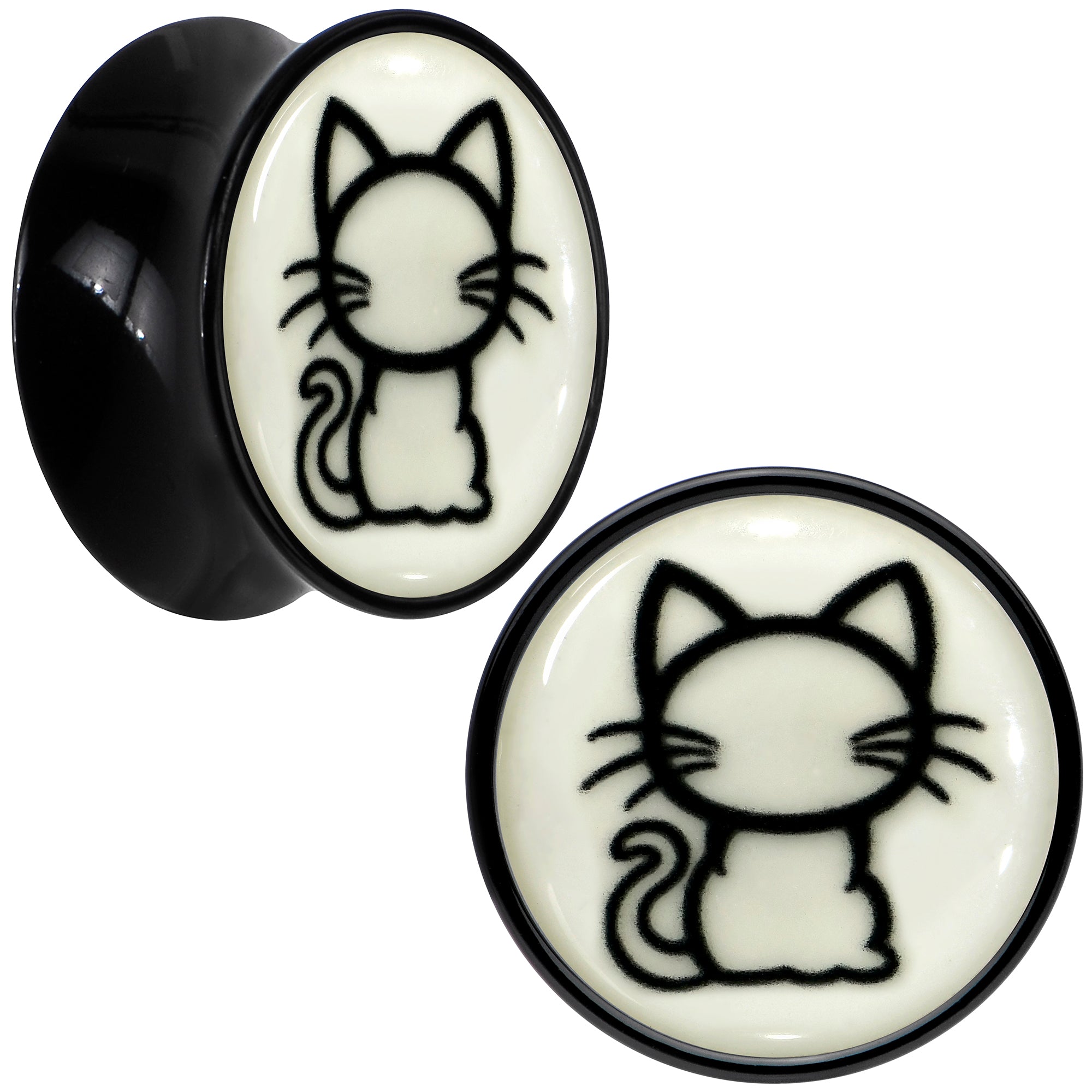 Glow in the Dark Kitty Cat Black Acrylic Saddle Plug Set 8mm to 20mm