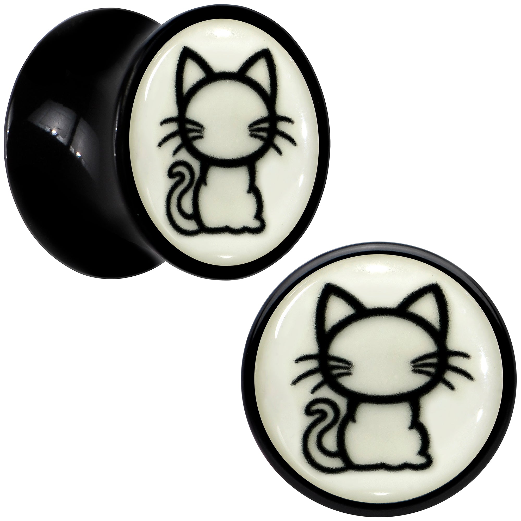 Glow in the Dark Kitty Cat Black Acrylic Saddle Plug Set 8mm to 20mm