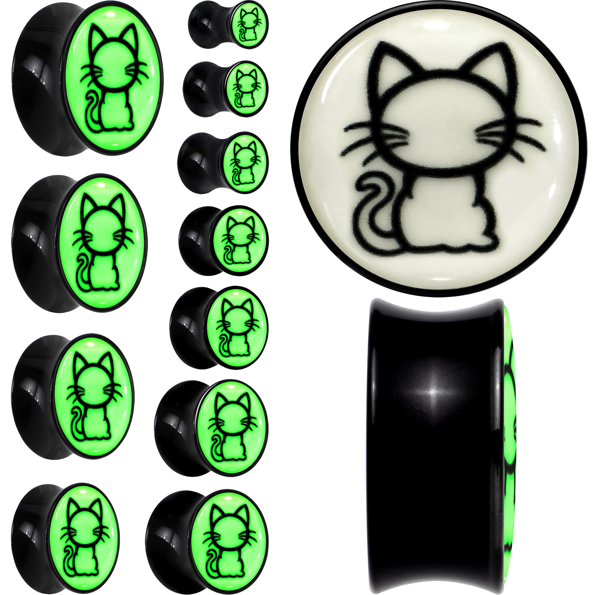 Glow in the Dark Kitty Cat Black Acrylic Saddle Plug Set 8mm to 20mm