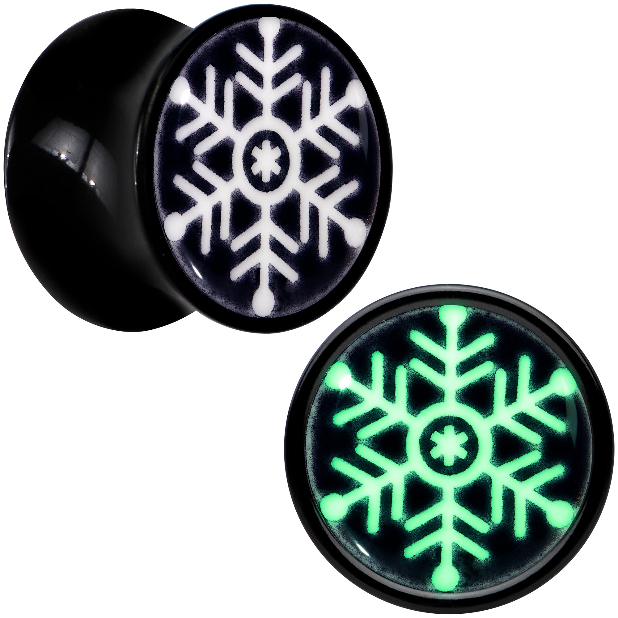 Glow in the Dark Holiday Snowflake Black Acrylic Saddle Plug Set