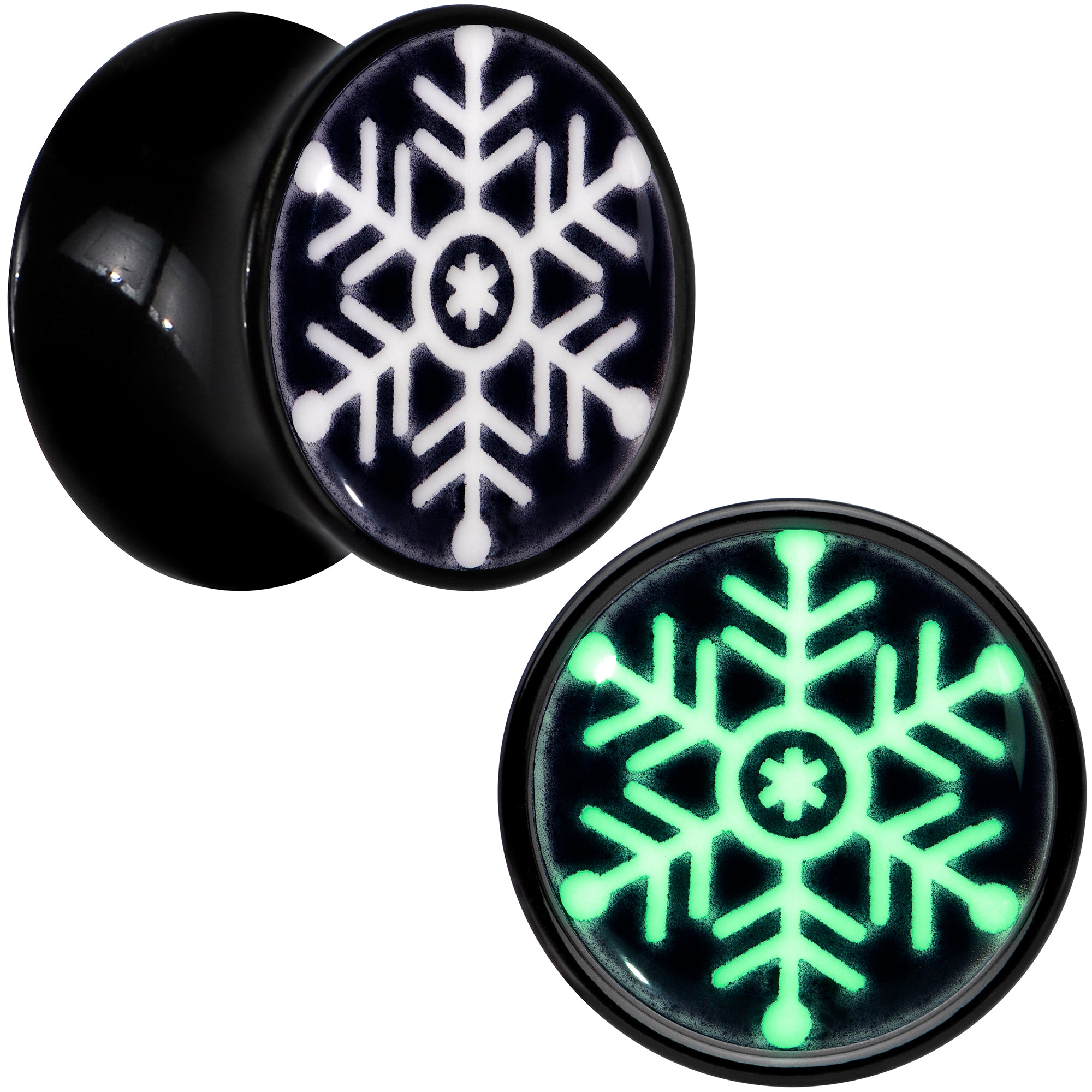 Glow in the Dark Holiday Snowflake Black Acrylic Saddle Plug Set