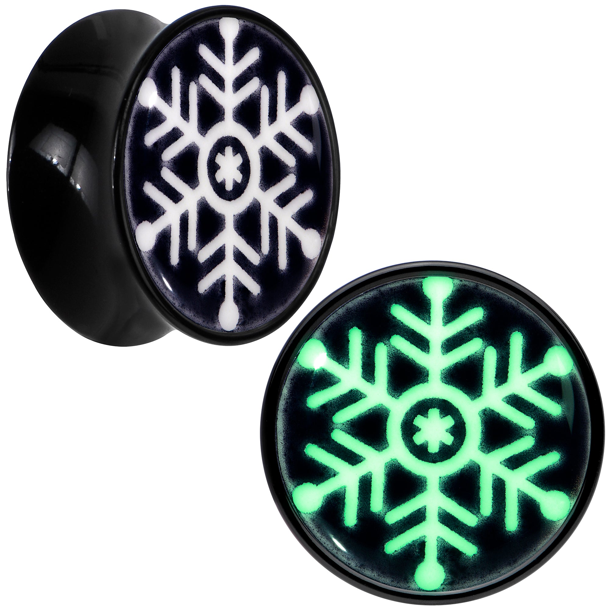 Glow in the Dark Holiday Snowflake Black Acrylic Saddle Plug Set