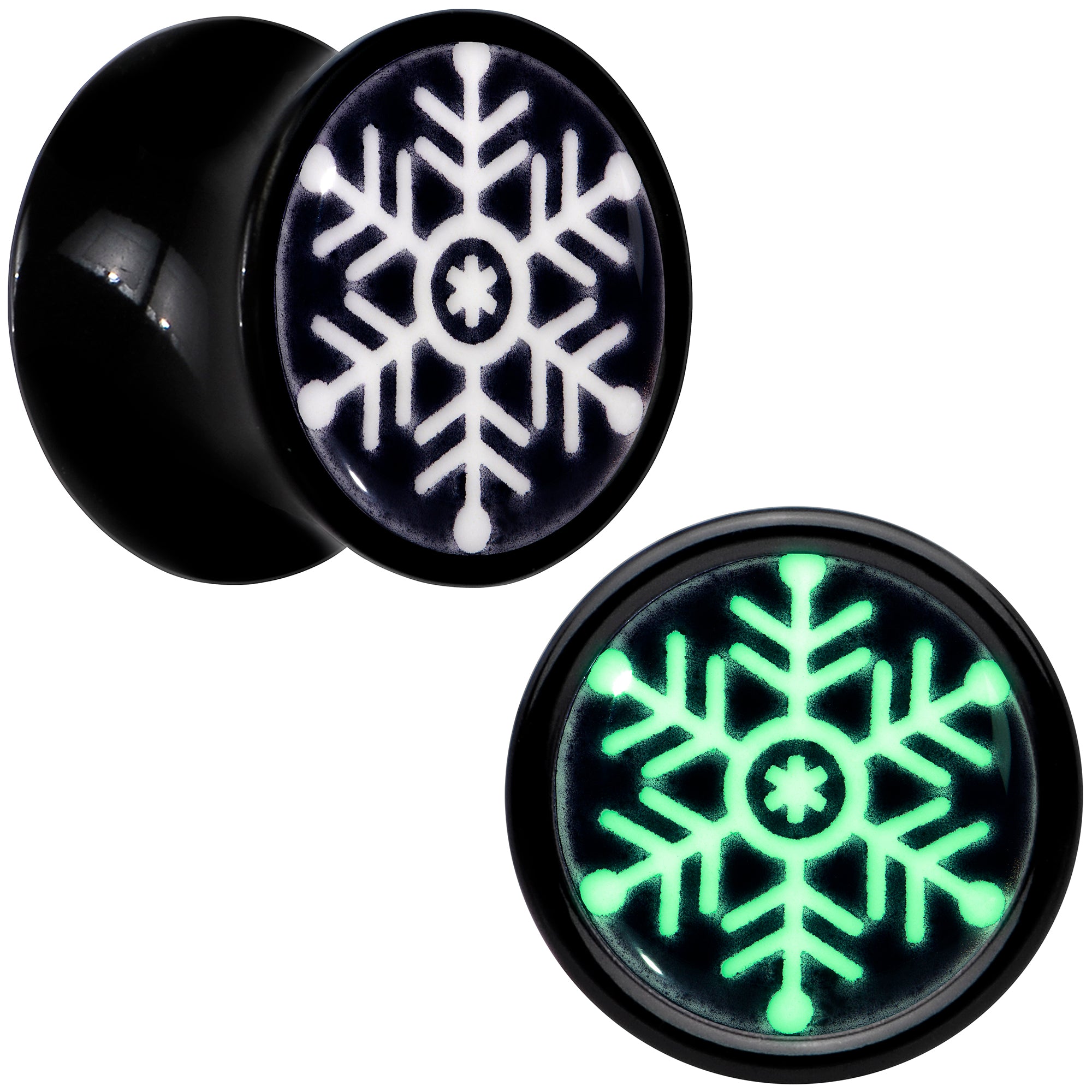 Glow in the Dark Holiday Snowflake Black Acrylic Saddle Plug Set