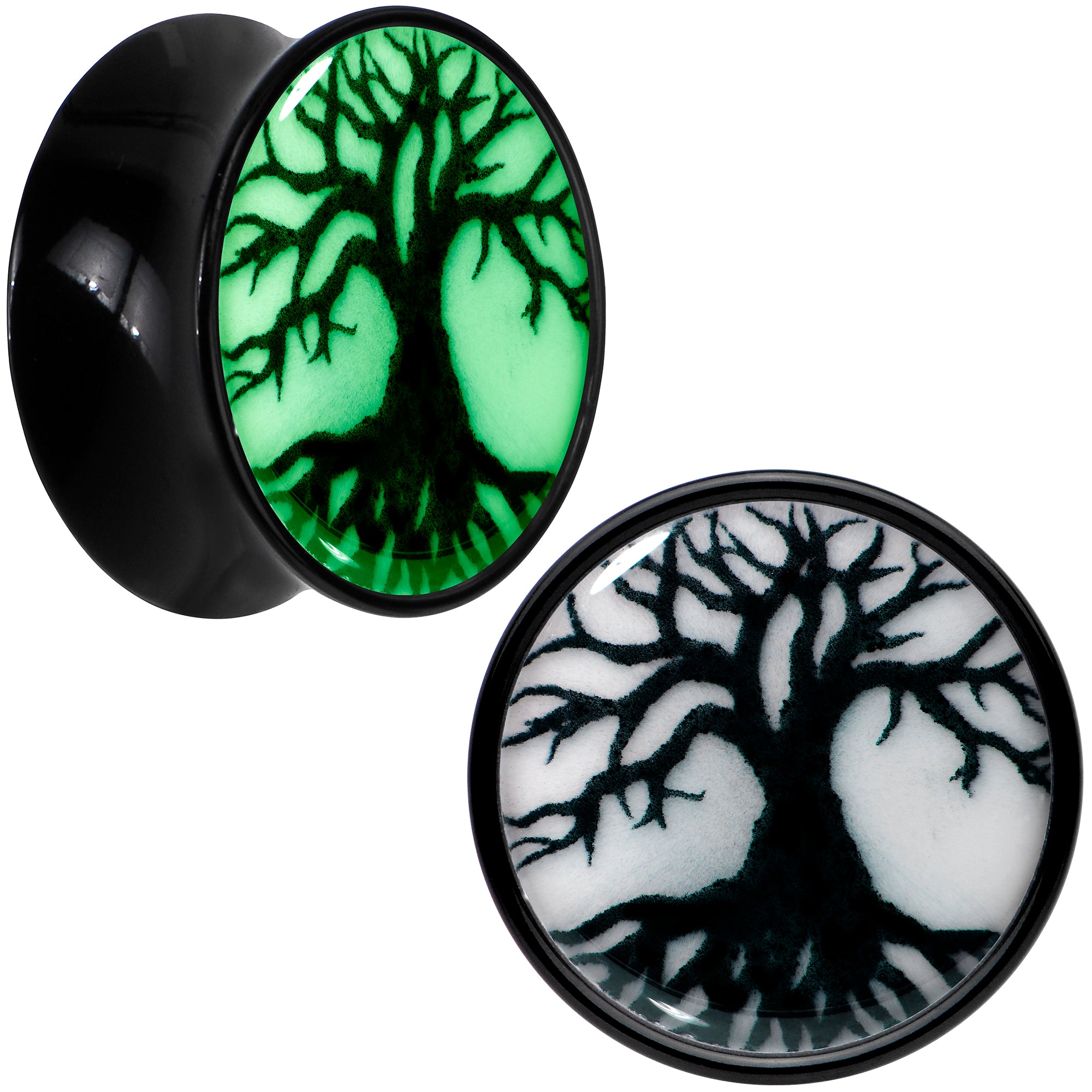 Black Acrylic Tree Of Life Glow in the Dark Double Flare Plug Set